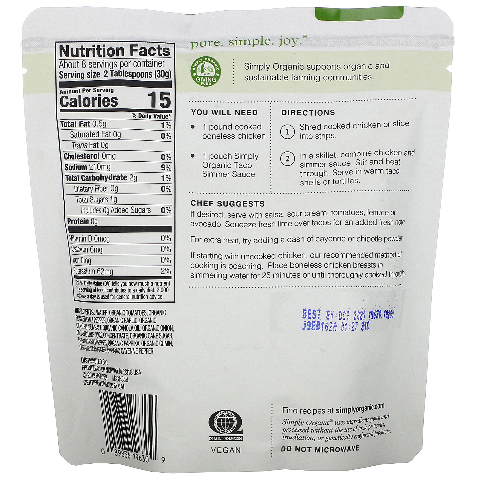 Comprar Simply Organic, Molho Orgânico Sauce, Taco Suave, Frango, 8 oz (227 g) - Imagem 2
