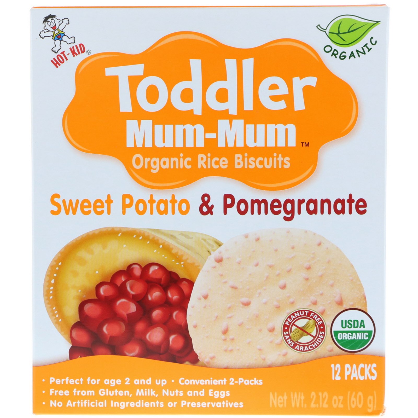 Comprar Hot Kid, Mum-Mum de criança, biscoitos de arroz orgânico, batata doce e romã, 12 embalagens, 60 gramas