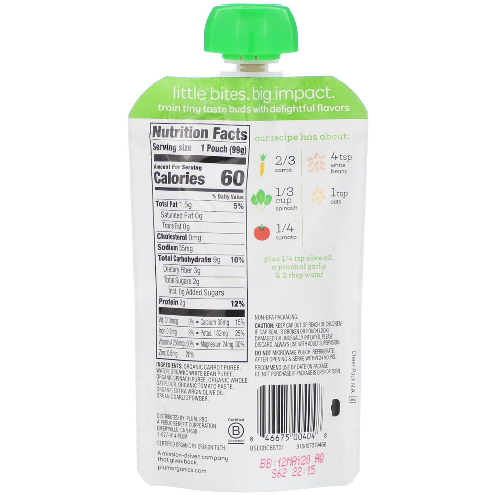 Comprar Plum Organics, Organic Baby Food, Stage 2, Carrot, Bean, Spinach & Tomato, 3.5 oz (99 g) - Imagem 2