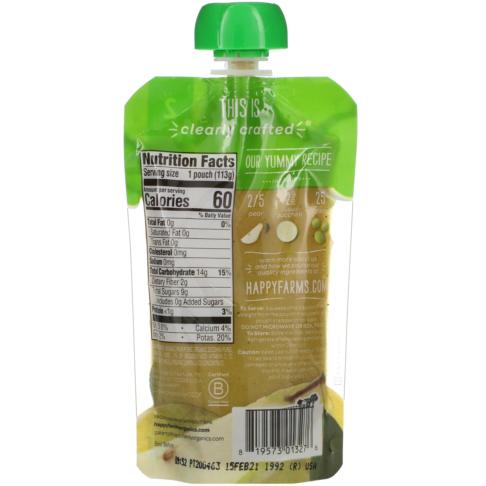 Comprar Happy Family Organics, Organic Baby Food, Stage 2, 6+ Months, Pears, Zucchini & Peas, 4 oz (113 g) - Imagem 2
