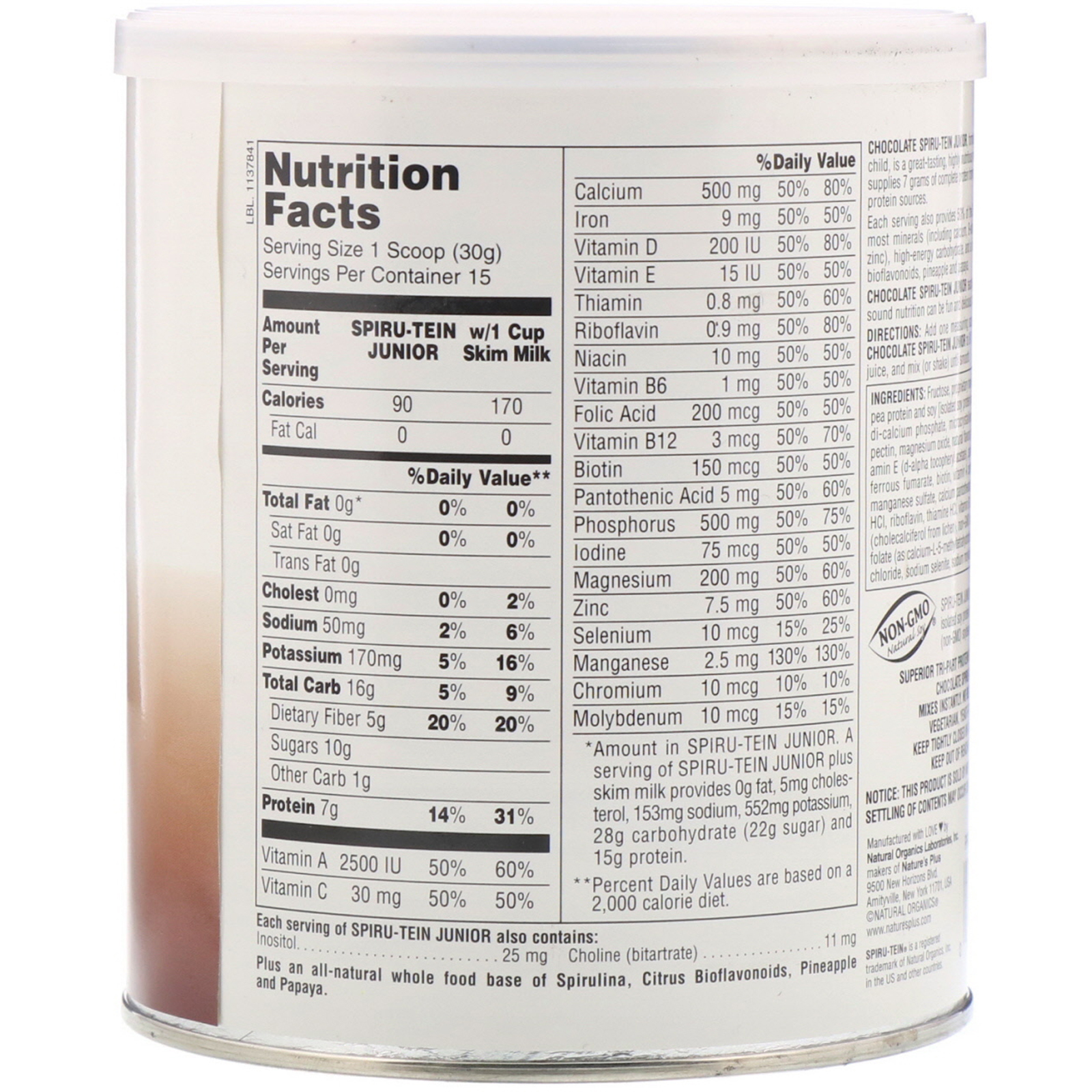 Comprar Nature's Plus, Spiru-Tein Junior, Nutritious Thick Shake Mix, Chocolate, 1 lb (450 g) - Imagem 2