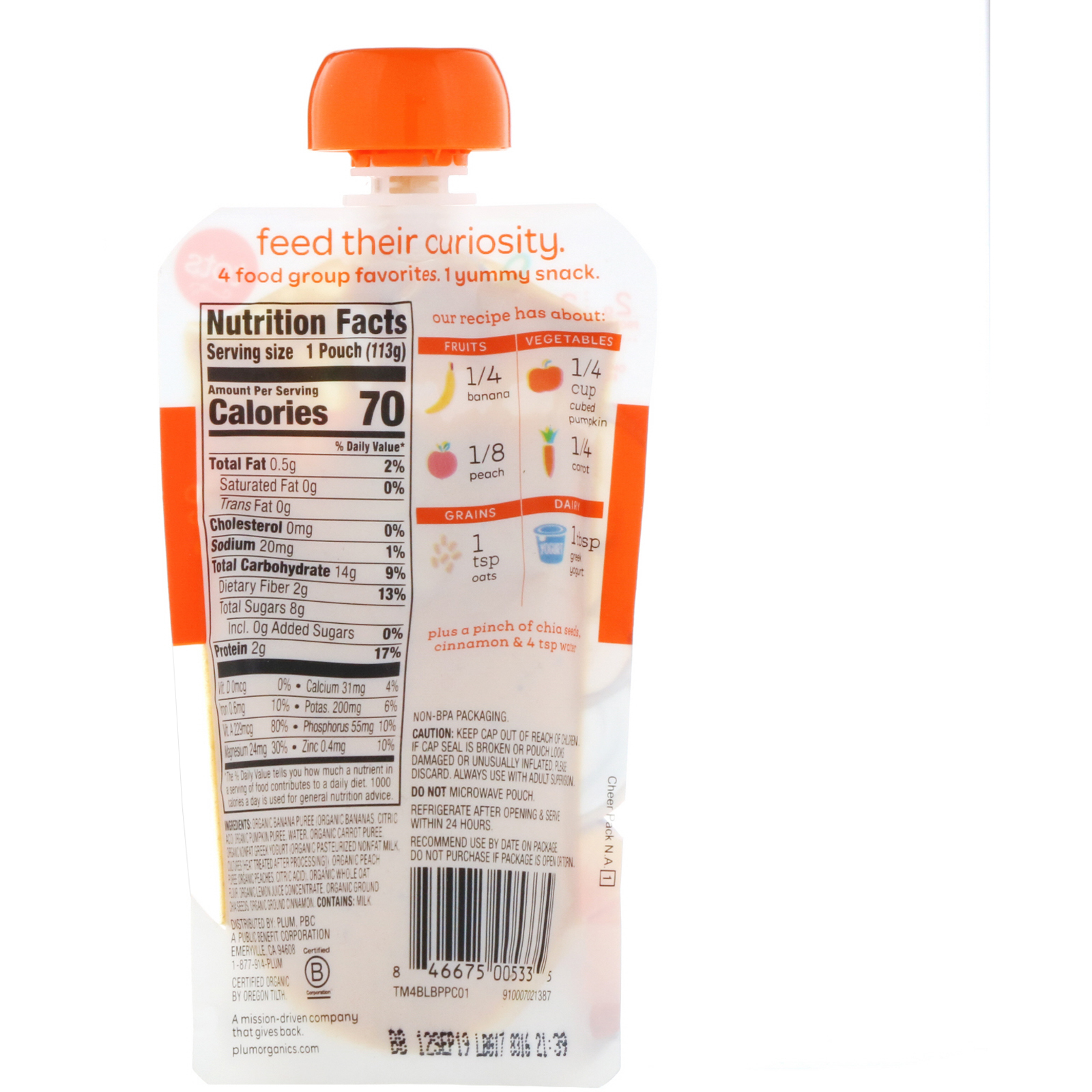 Comprar Plum Organics, Tots, Mighty 4, 4 Food Group Blend, Banana, Peach, Pumpkin, Carrot, Greek Yogurt, Oat, 4 oz (113 g) - Imagem 2