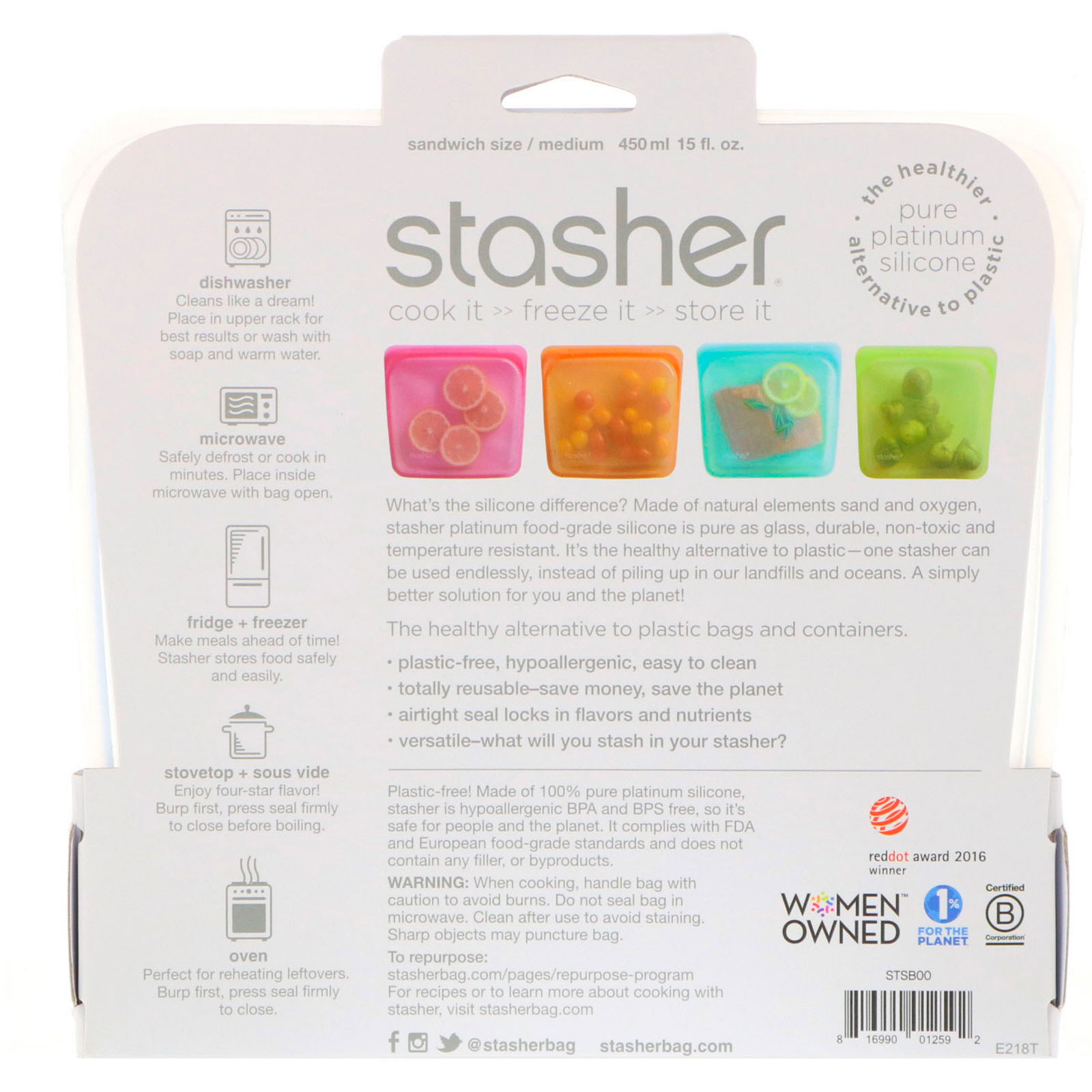 Comprar Stasher, Embalagem Reutilizável de Silicone para Alimentos, Tamanho de Sanduíche Médio, Transparente, 15 fl oz (450 ml) - Imagem 2