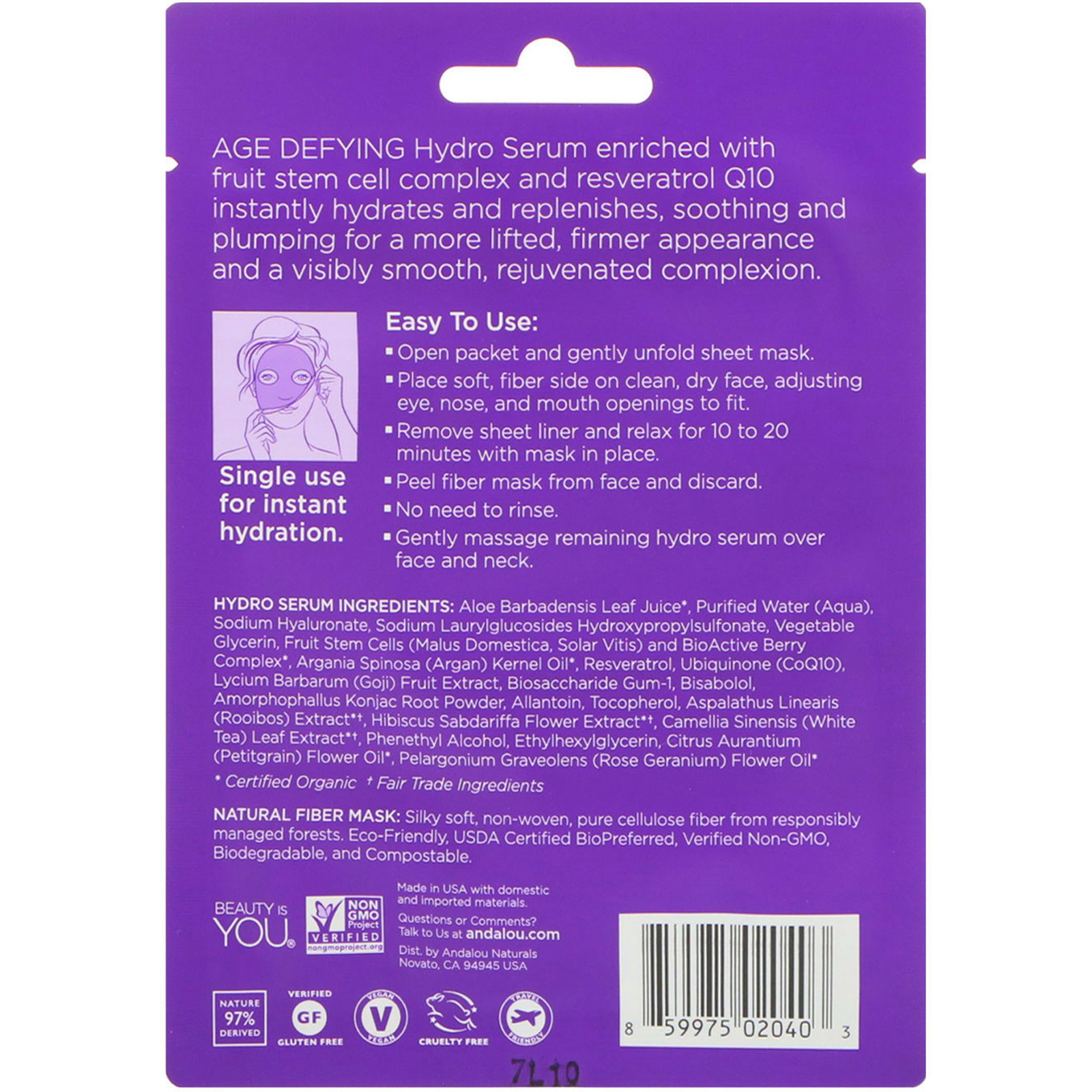 Comprar Andalou Naturals, Máscara Facial com Sérum Hidratante Instant Lift & Firm, Combate ao Envelhecimento, 1 Máscara de Fibras de Uso Único, 18 ml (0,6 fl oz) - Imagem 2