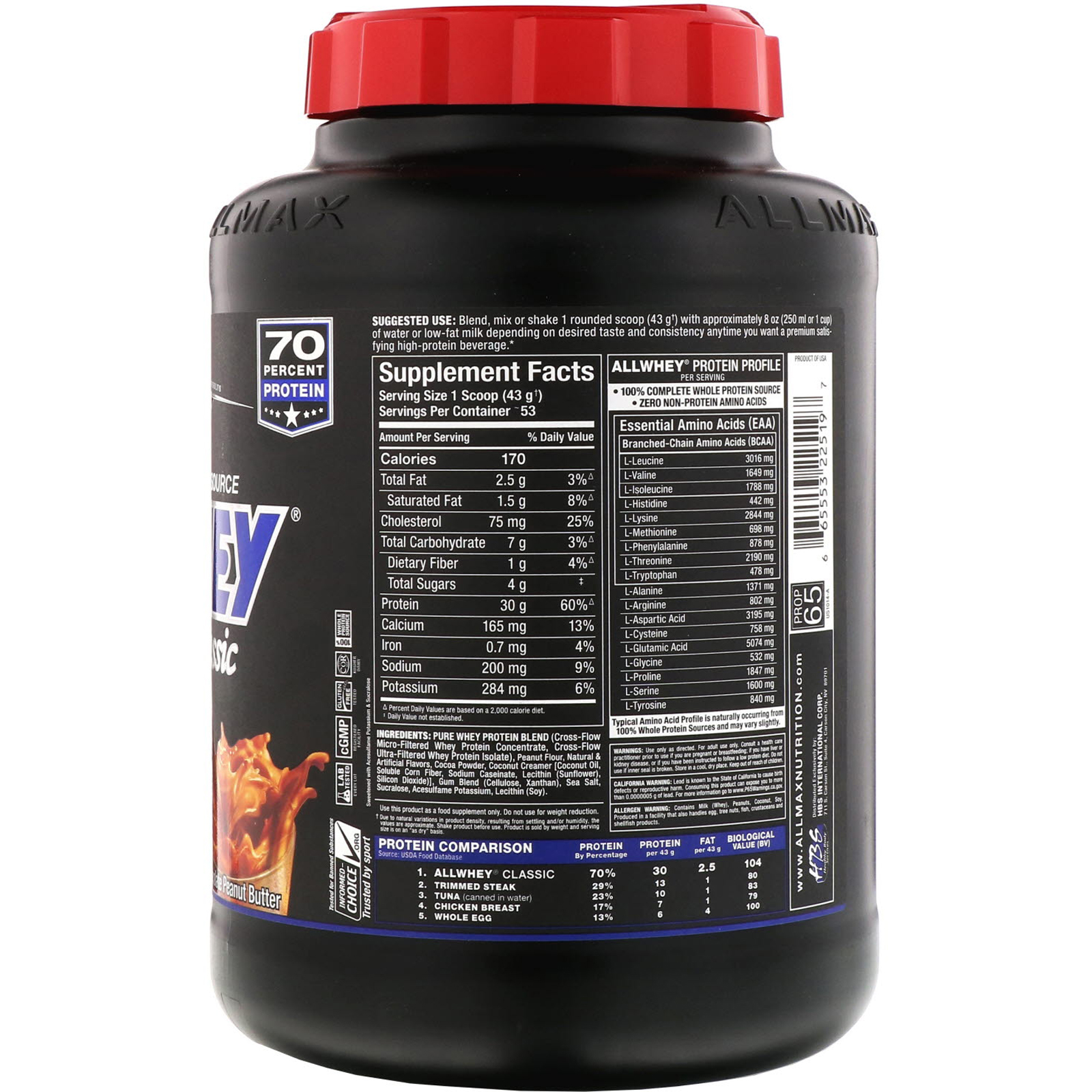 Comprar ALLMAX Nutrition, AllWhey Classic, 100% Proteína de soro de leite, Chocolate, Manteiga de Amendoim, 5 lbs (2,27 kg) - Imagem 2