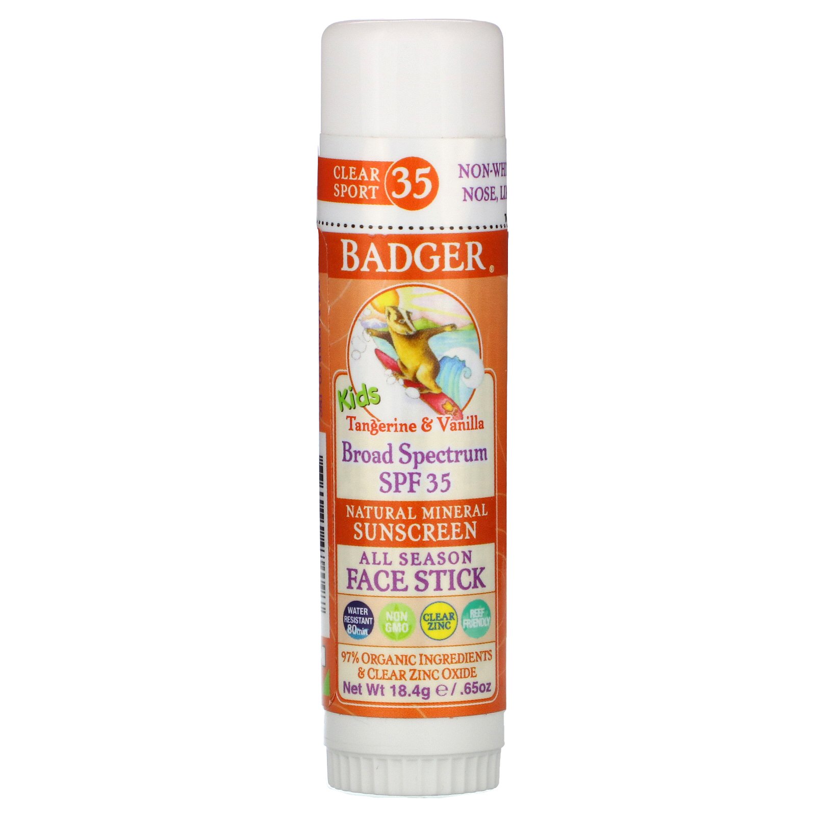 Comprar Badger Company, Kids, Natural Mineral Sunscreen Face Stick, SPF 35, Tangerine & Vanilla, 0.65 oz (18.4 g)