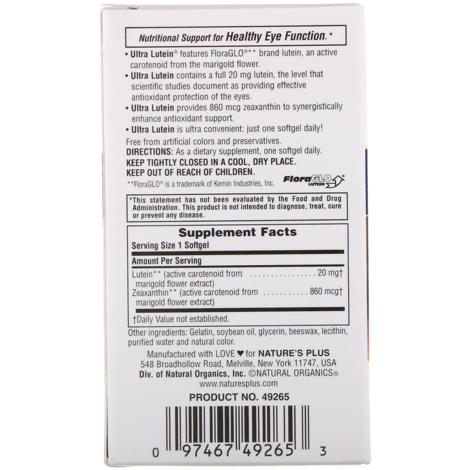 Comprar Nature's Plus, Ultra Lutein, Força Máxima, 20 mg, 60 Cápsulas Softgel - Imagem 2