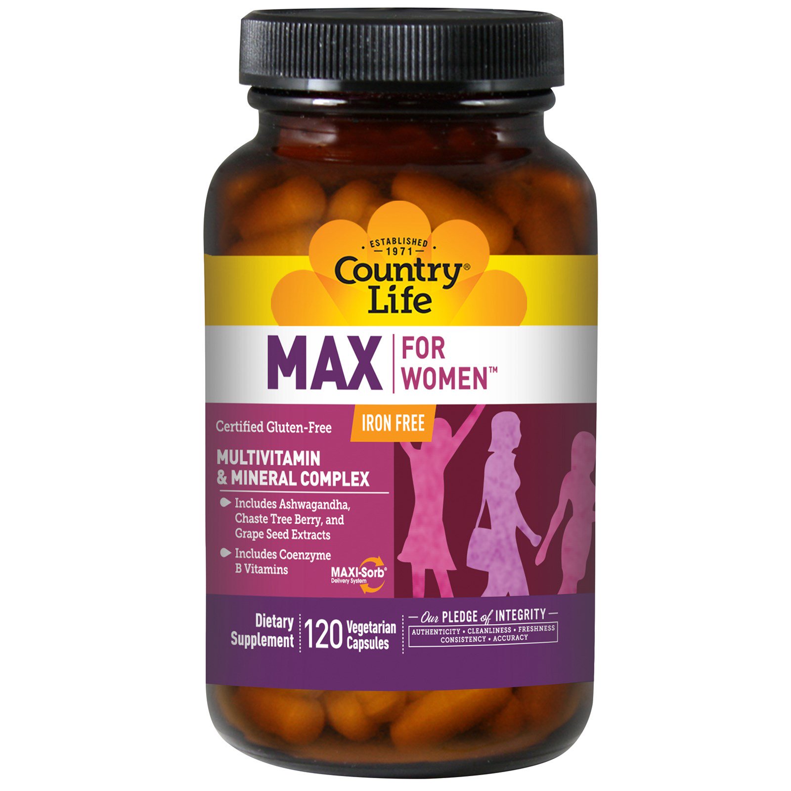 Comprar Country Life, Max for Women, Complexo Multivitamínico e Mineral, Sem Ferro, 120 Cápsulas Vegetais