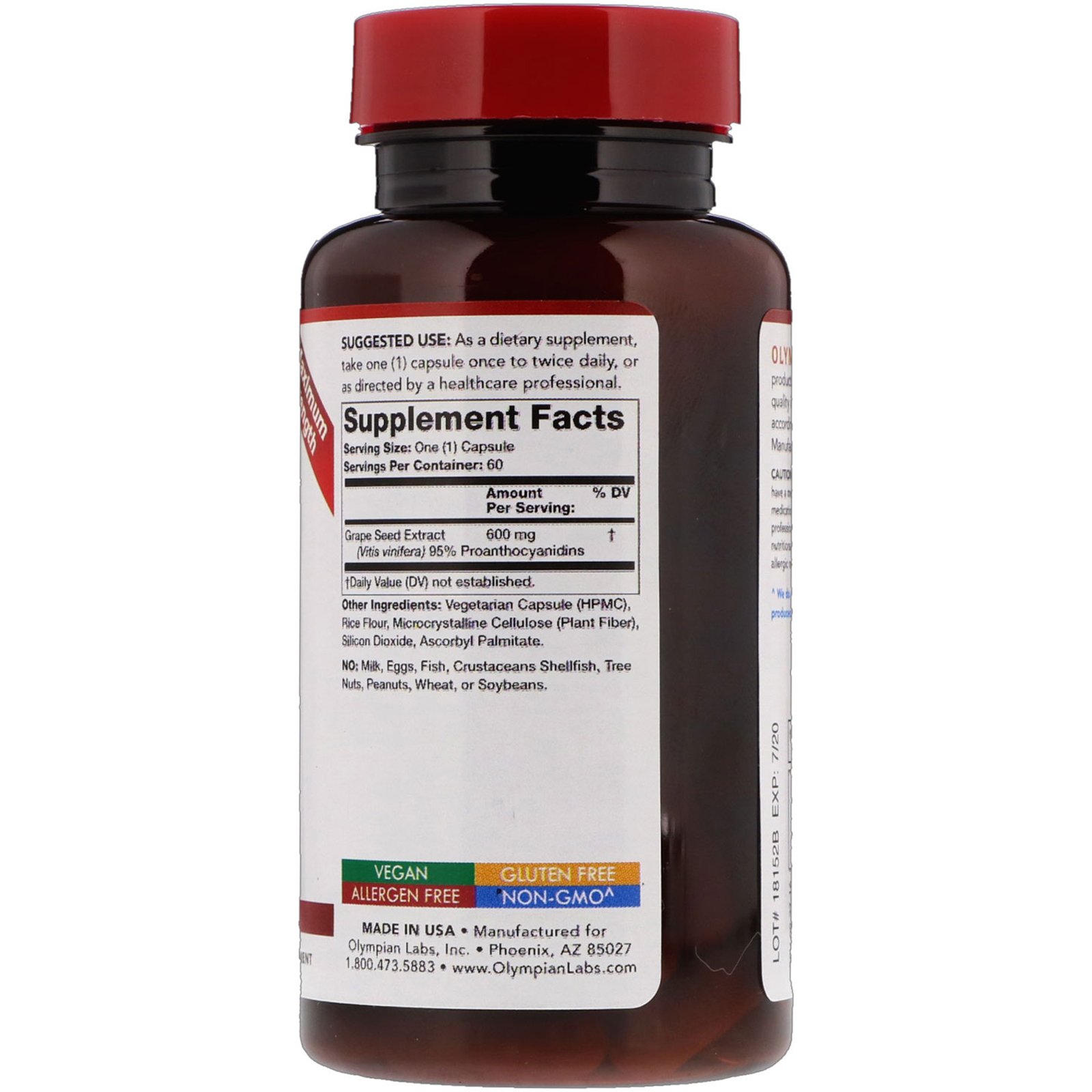 Comprar Olympian Labs, Extrato de Semente de Uva, Força Máxima, 600 mg, 60 Cápsulas Vegetais - Imagem 2