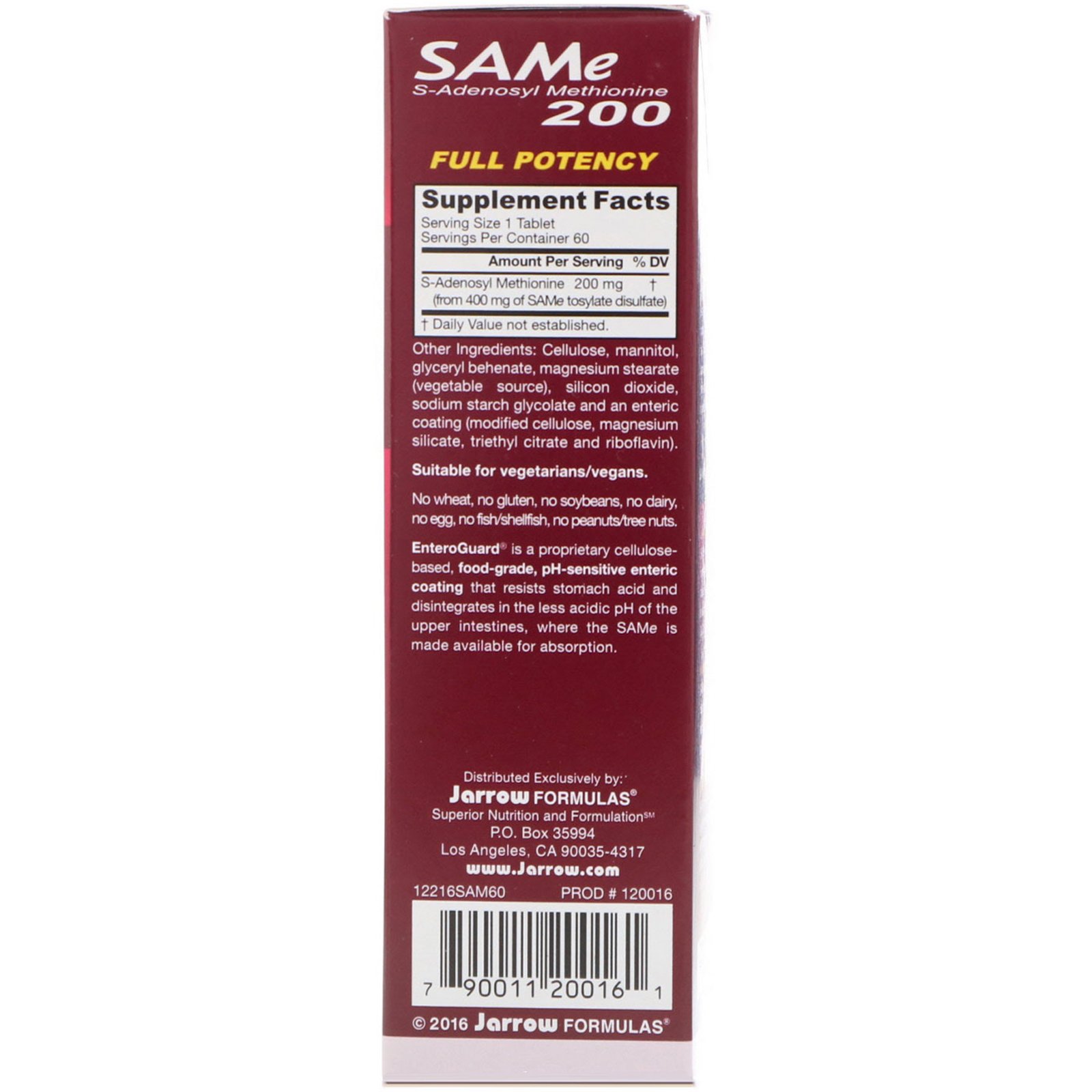 Comprar Jarrow Formulas, SAM-e (S-Adenosil-L-Metionina) Natural 200, 200 mg, 60 Comprimidos de Revestimento Entérico - Imagem 2
