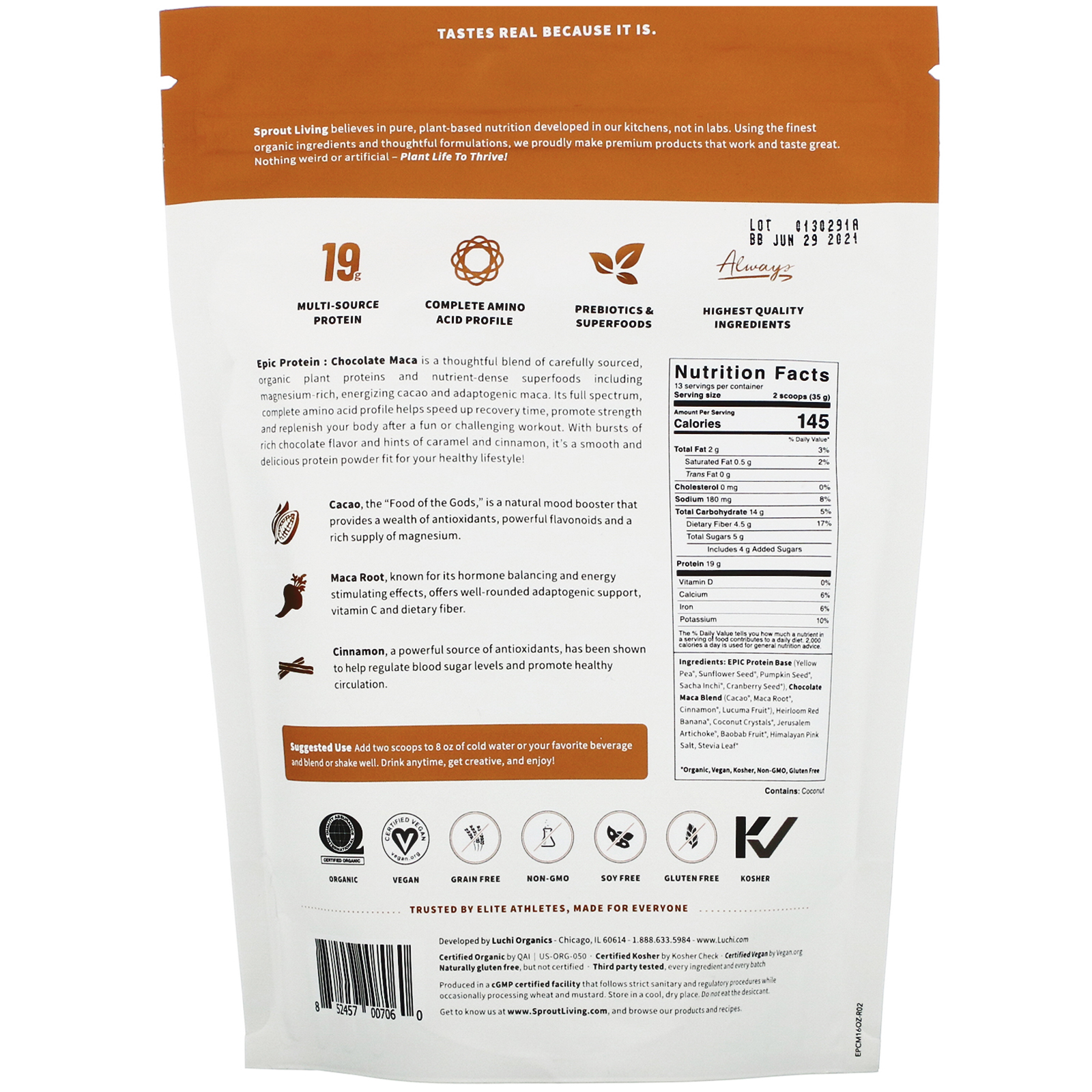 Comprar Sprout Living, Epic Protein, Organic Plant Protein + Superfoods, Chocolate Maca, 1 lb (455 g) - Imagem 2