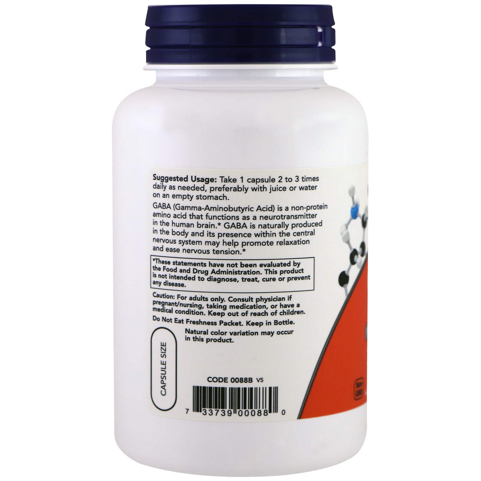 Comprar Now Foods, GABA, 500 mg, 200 Cápsulas Vegetais - Imagem 3