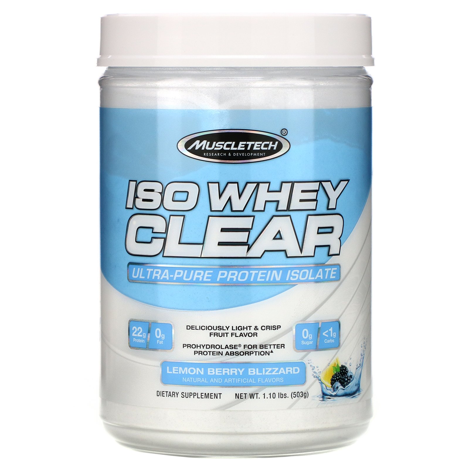 Comprar Muscletech, ISO Whey Clear, Ultra-Pure Protein Isolate, Lemon Berry Blizzard, 1.10 lbs (503 g)