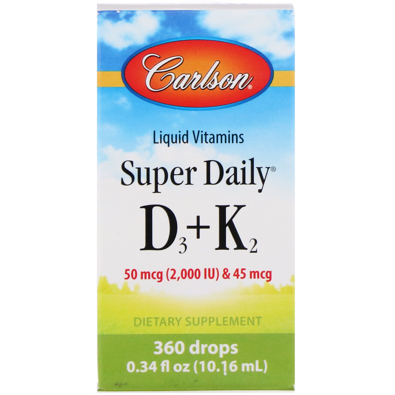 Comprar Carlson Labs, Vitaminas Líquidas, Super D3+K2 Diário, 50 mcg, 0,34 fl oz (10,16 ml)