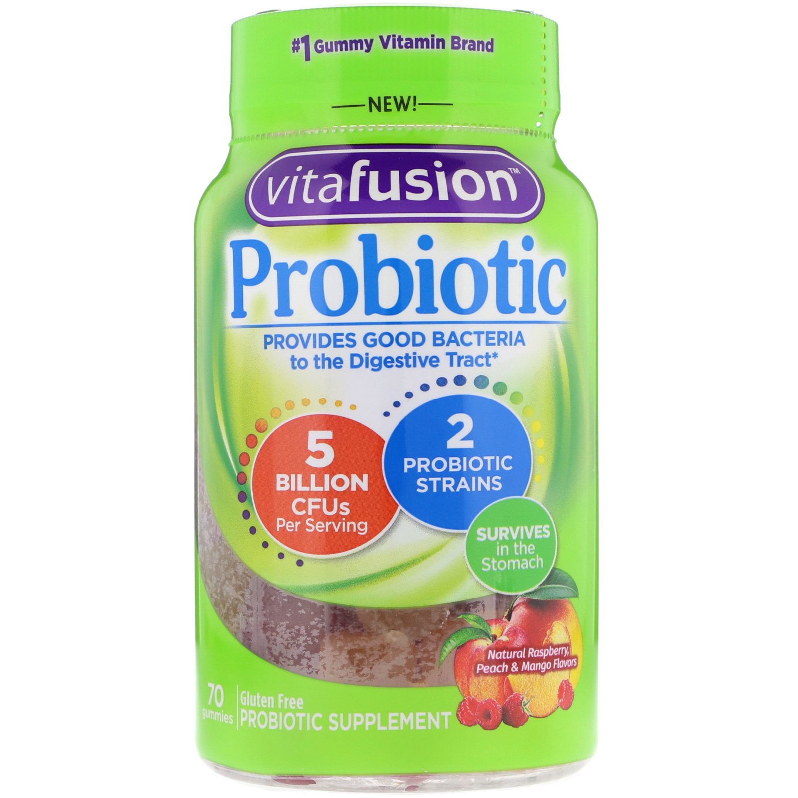 Comprar VitaFusion, Probiotic, Natural Raspberry, Peach & Mango Flavor, 5 Billion CFUs, 70 Gummies