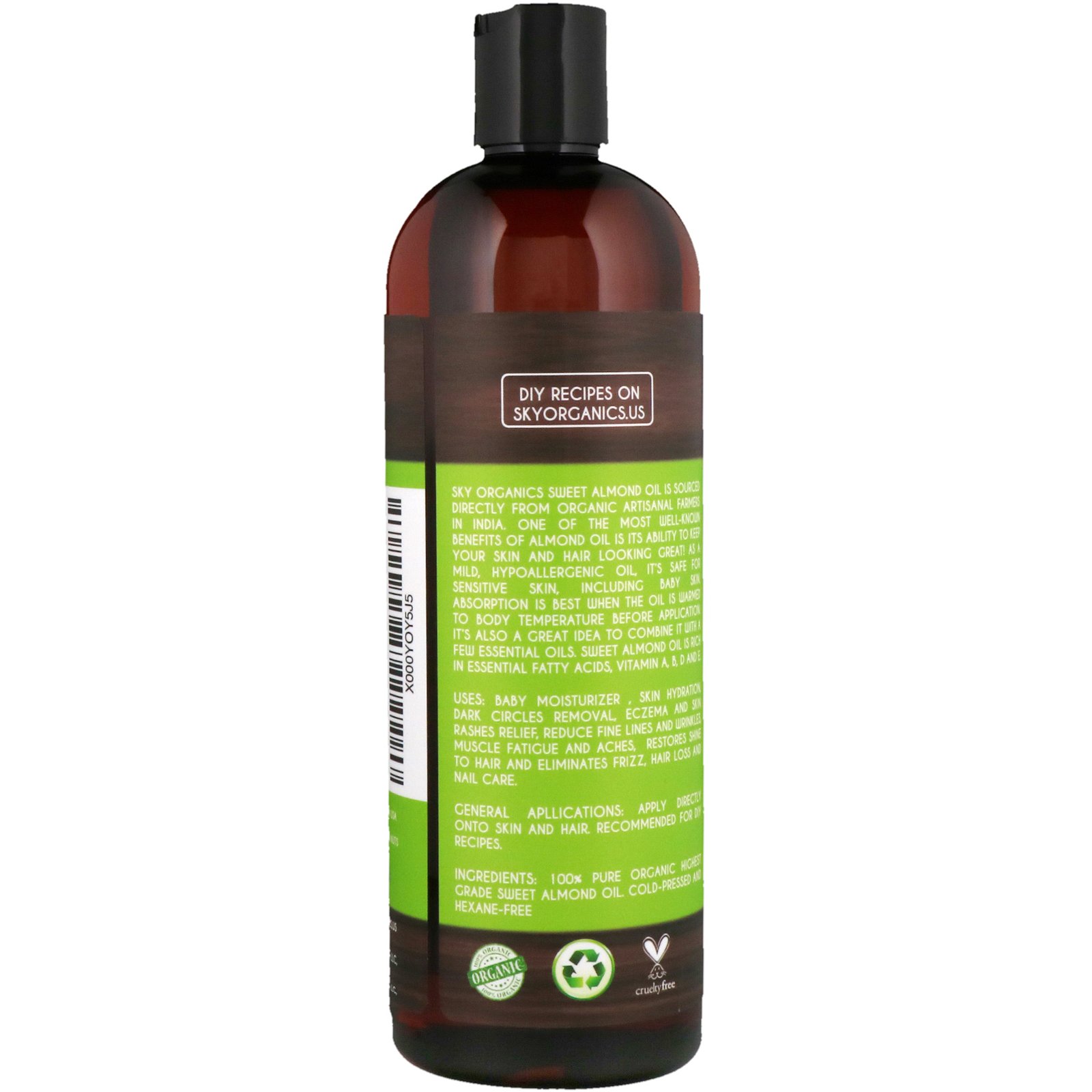 Comprar Sky Organics, Sweet Almond Oil, 100% Pure Organic, 16 fl oz (473 ml) - Imagem 2