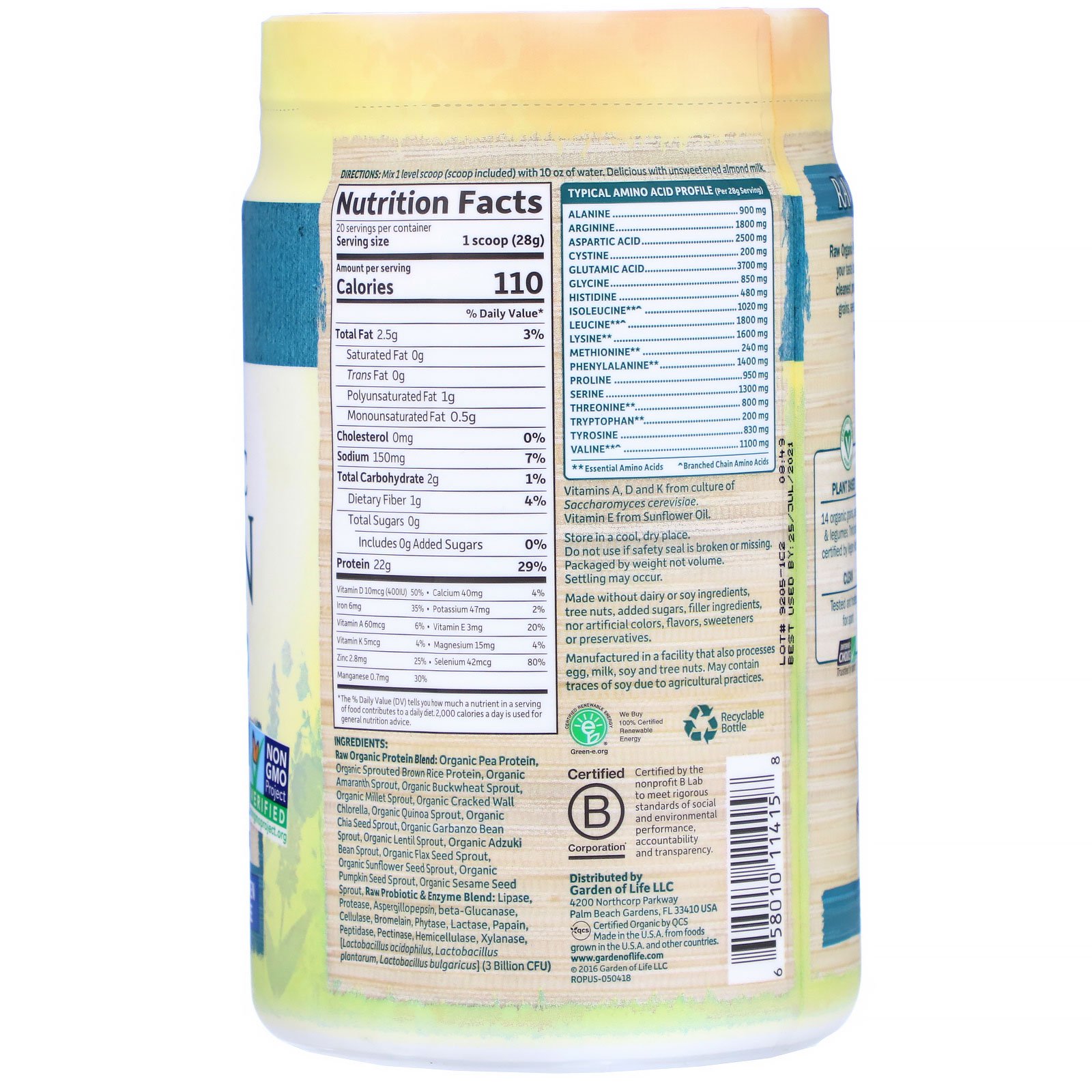 Comprar Garden of Life, Proteína Orgânica PURA, Fórmula Orgânica Vegetal, Sem sabor, 560 g (19,75 oz) - Imagem 2