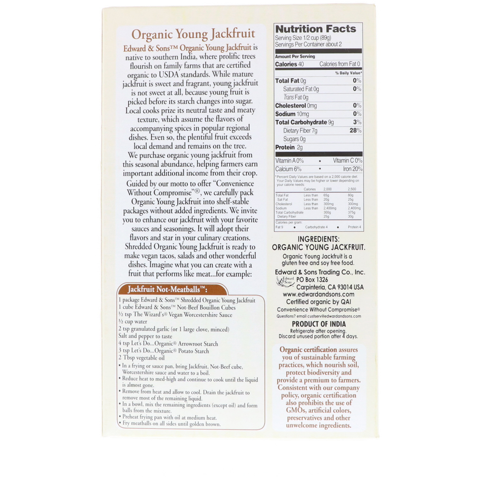 Comprar Edward & Sons, Jaca Jovem Orgânica, Ralada e Não Temperada, 200 g (7 oz) - Imagem 2
