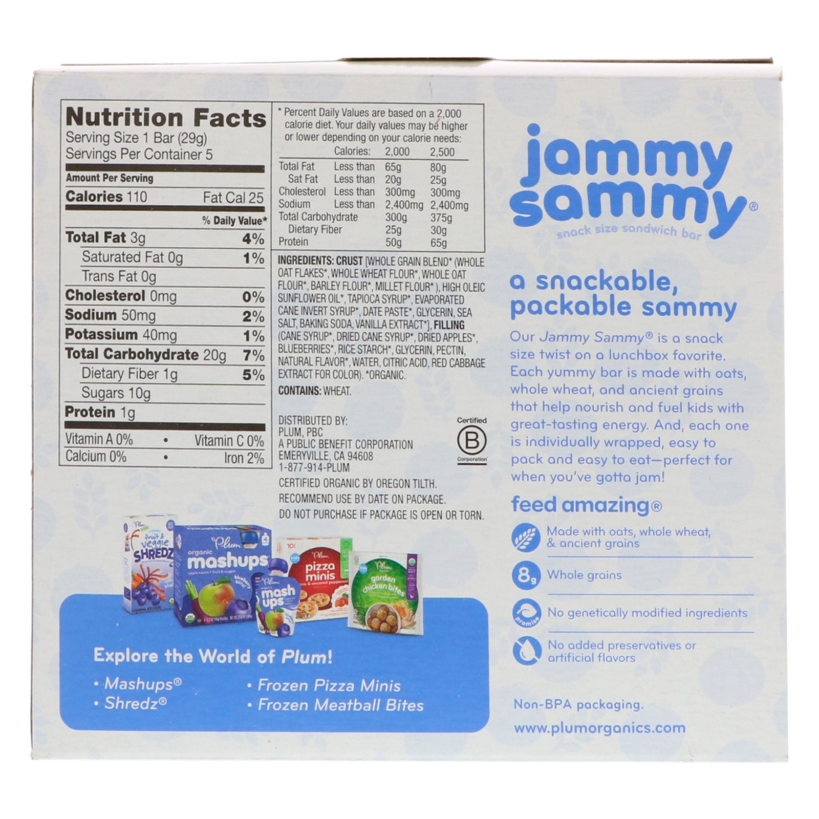 Comprar Plum Organics, Kids, Jammy Sammy Orgânico, Mirtilo & Aveia, 5 Barras, 1.03 oz (29 g) Cada - Imagem 2
