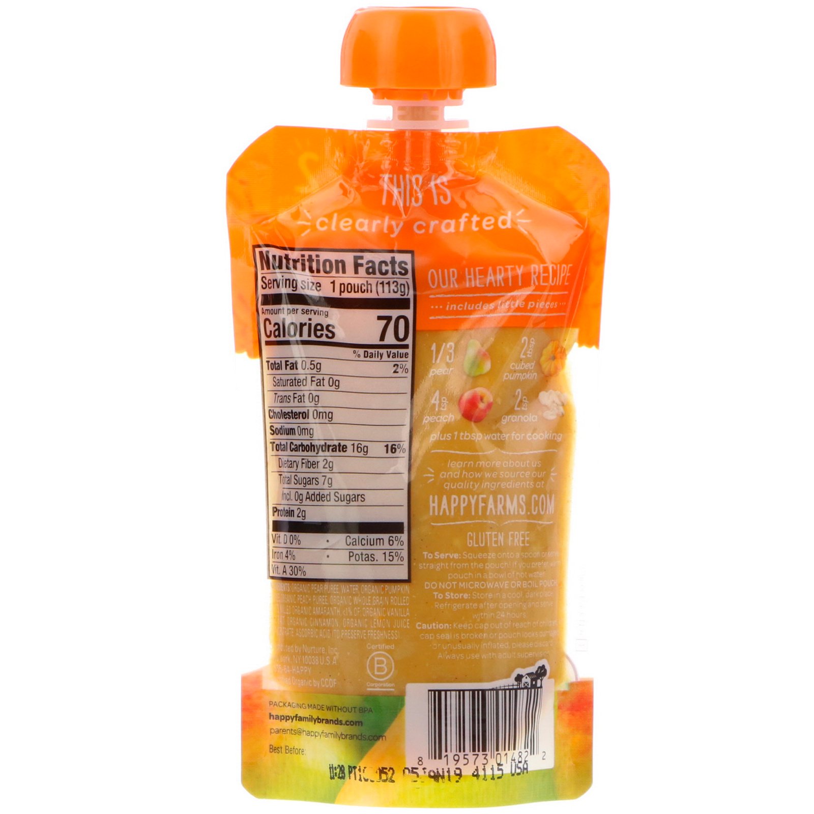 Comprar Happy Family Organics, Organic Baby Food, Stage 2, Clearly Crafted 6+ Months, Pears, Pumpkin, Peaches & Granola, 4 oz (113 g) - Imagem 2