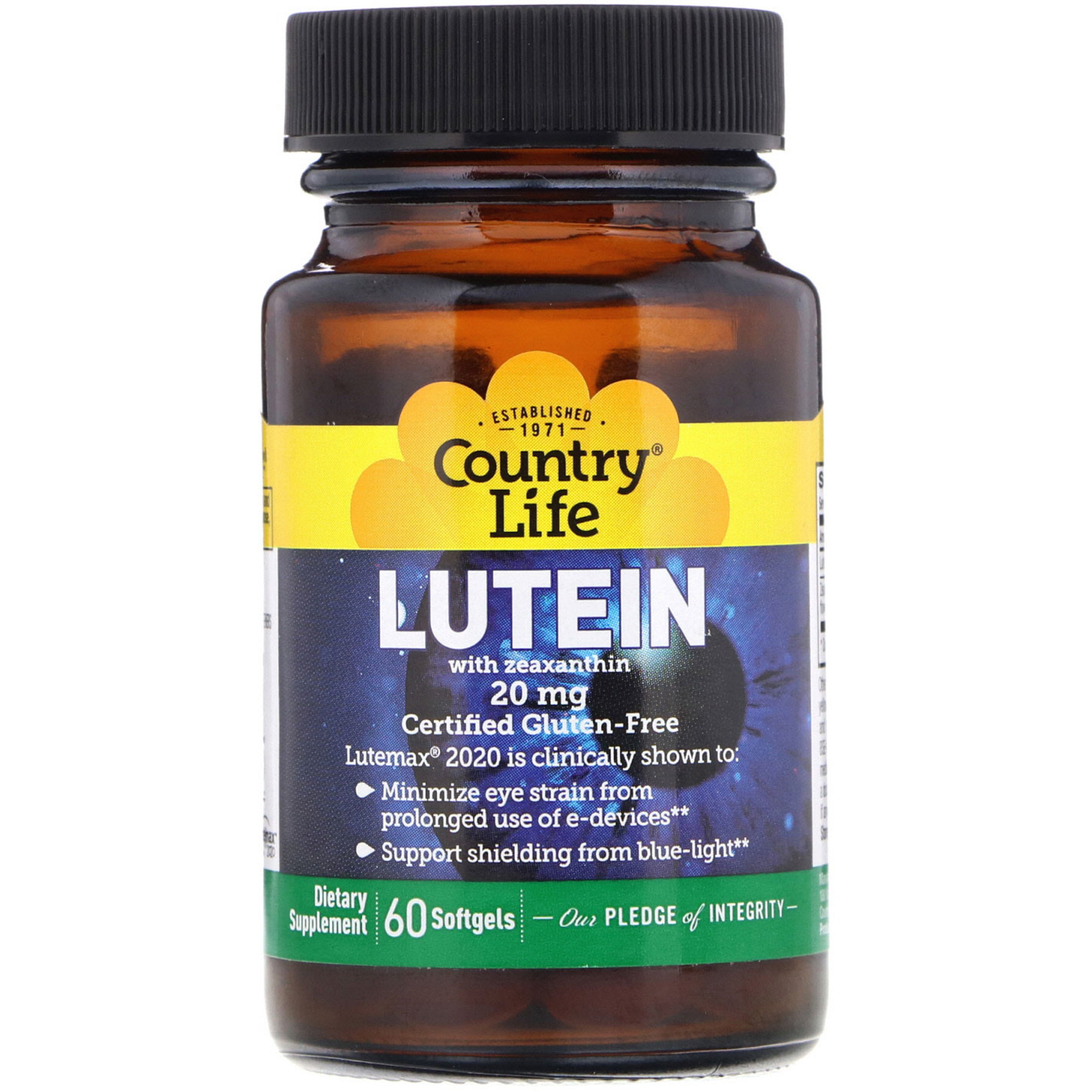 Comprar Country Life, Lutein with Zeaxanthin, 20 mg, 60 Softgels