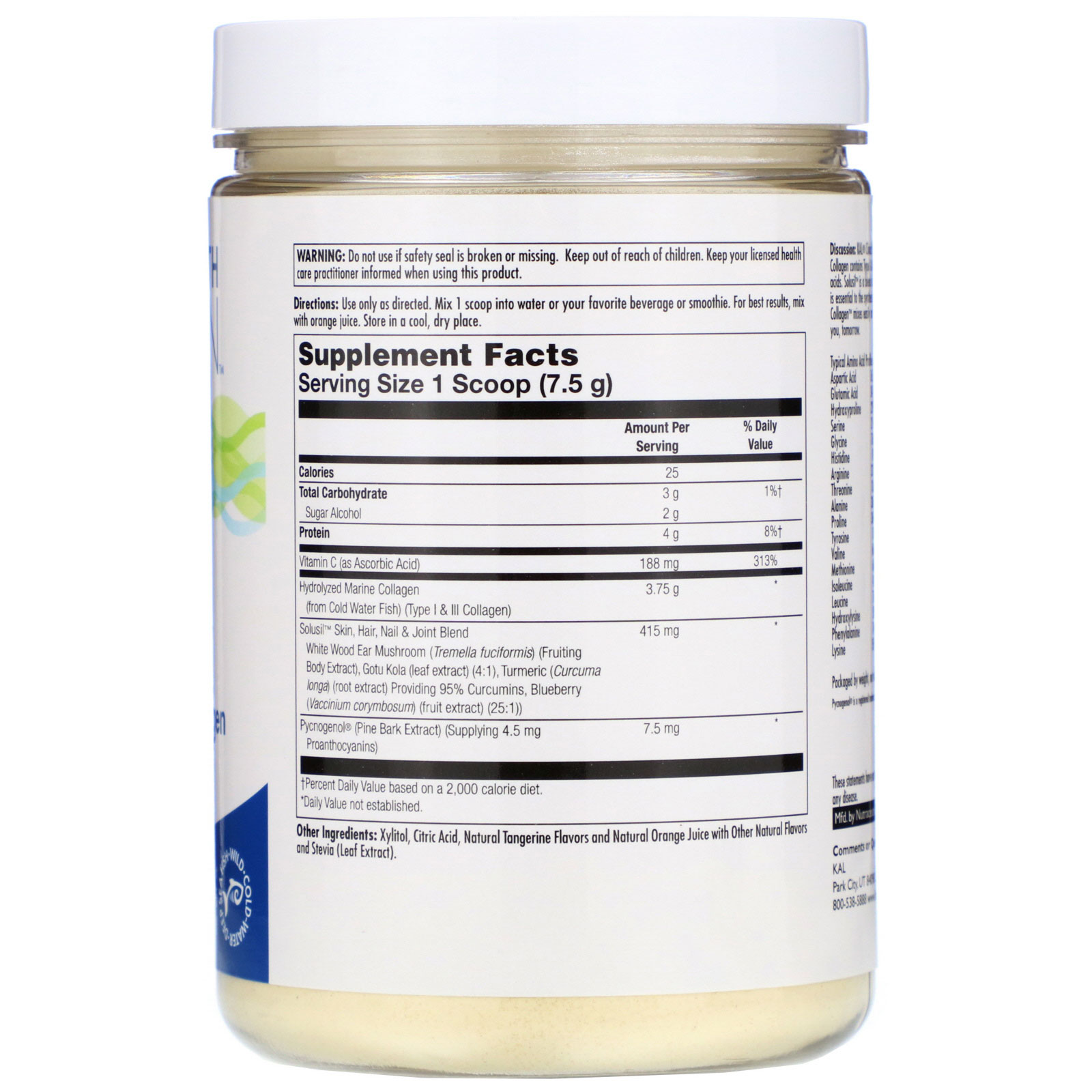 Comprar KAL, Hydrolyzed Marine Collagen, Tangerine, 3,750 mg, 10.5 oz (298 g) - Imagem 2