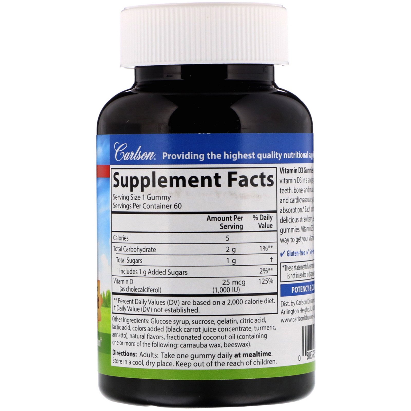 Comprar Carlson Labs, Vitamin D3 Gummies, Natural Fruit Flavors, 25 mcg (1,000 IU), 60 Gummies - Imagem 2