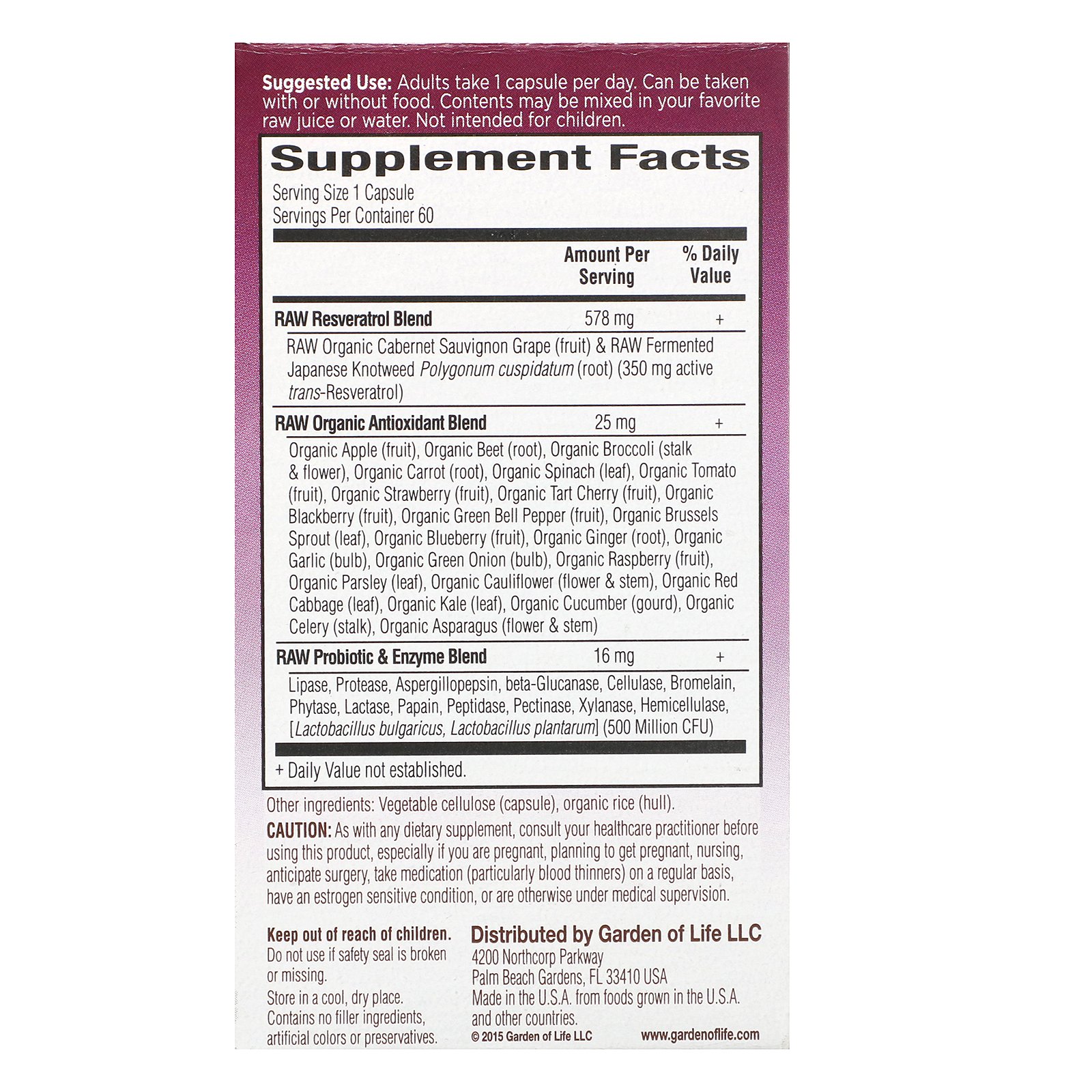 Comprar Garden of Life, Resveratrol RAW, 350 mg, 60 Cápsulas Veganas - Imagem 2
