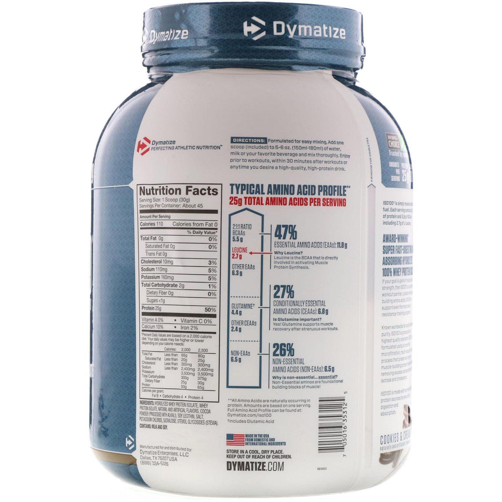 Comprar Dymatize Nutrition, ISO 100, Isolado de Proteína Whey 100% Hidrolisadas, Cookies & Cream, 1,36 kg (3 lbs) - Imagem 2