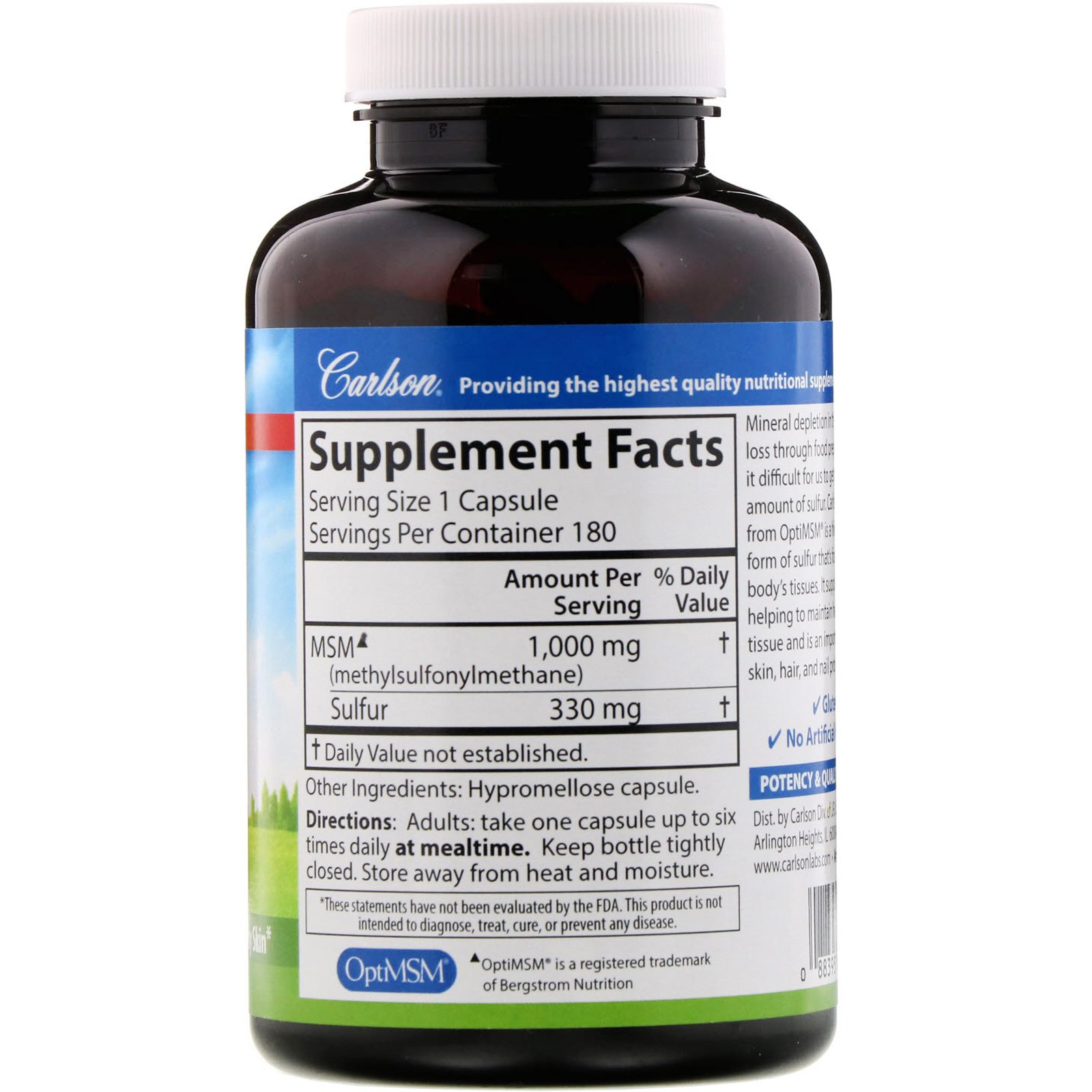 Comprar Carlson Labs, MSM Enxofre, 1.000 mg, 180 Cápsulas Vegetarianas - Imagem 2