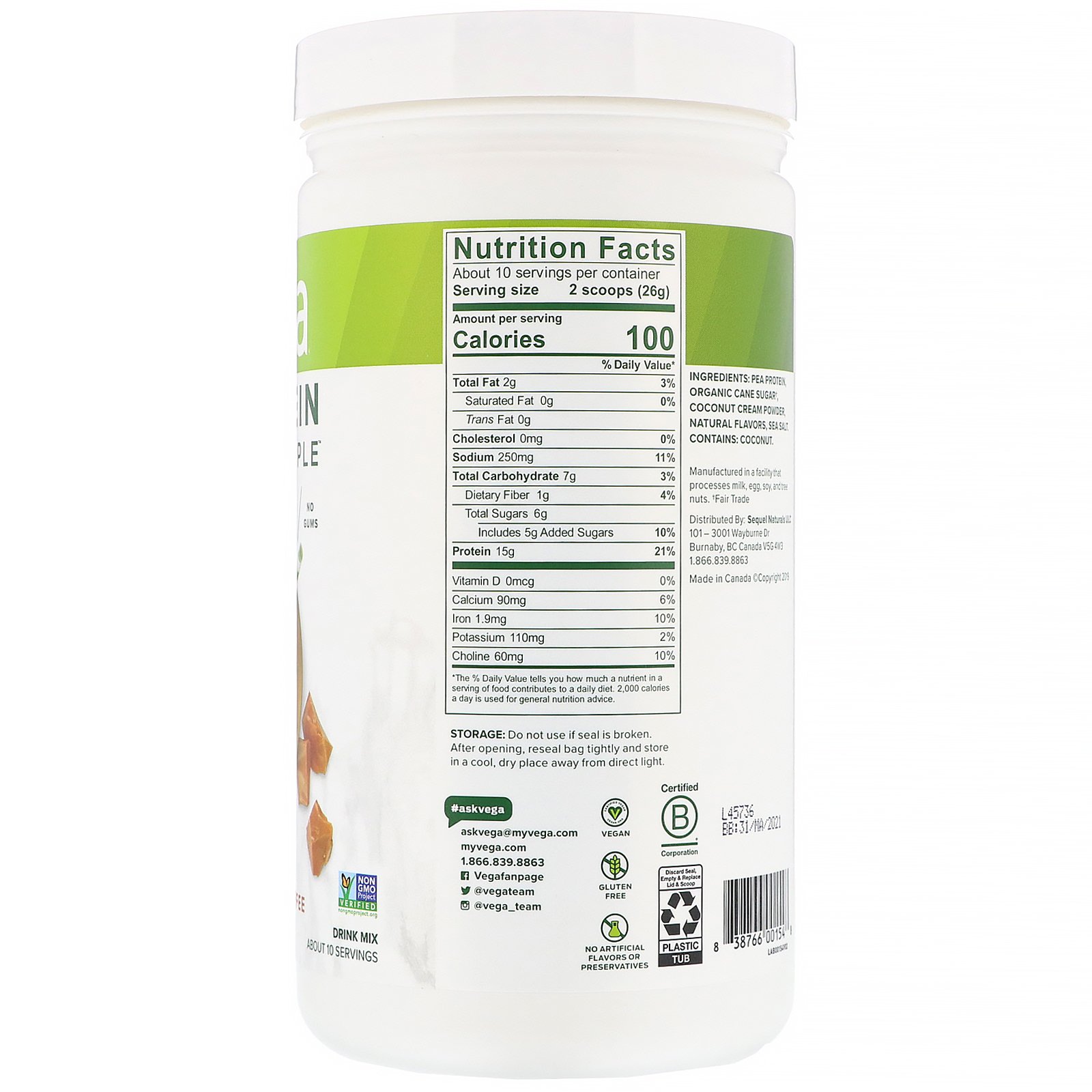 Comprar Vega, Protein Made Simple, Caramelo, 258 g (9,1 oz) - Imagem 2