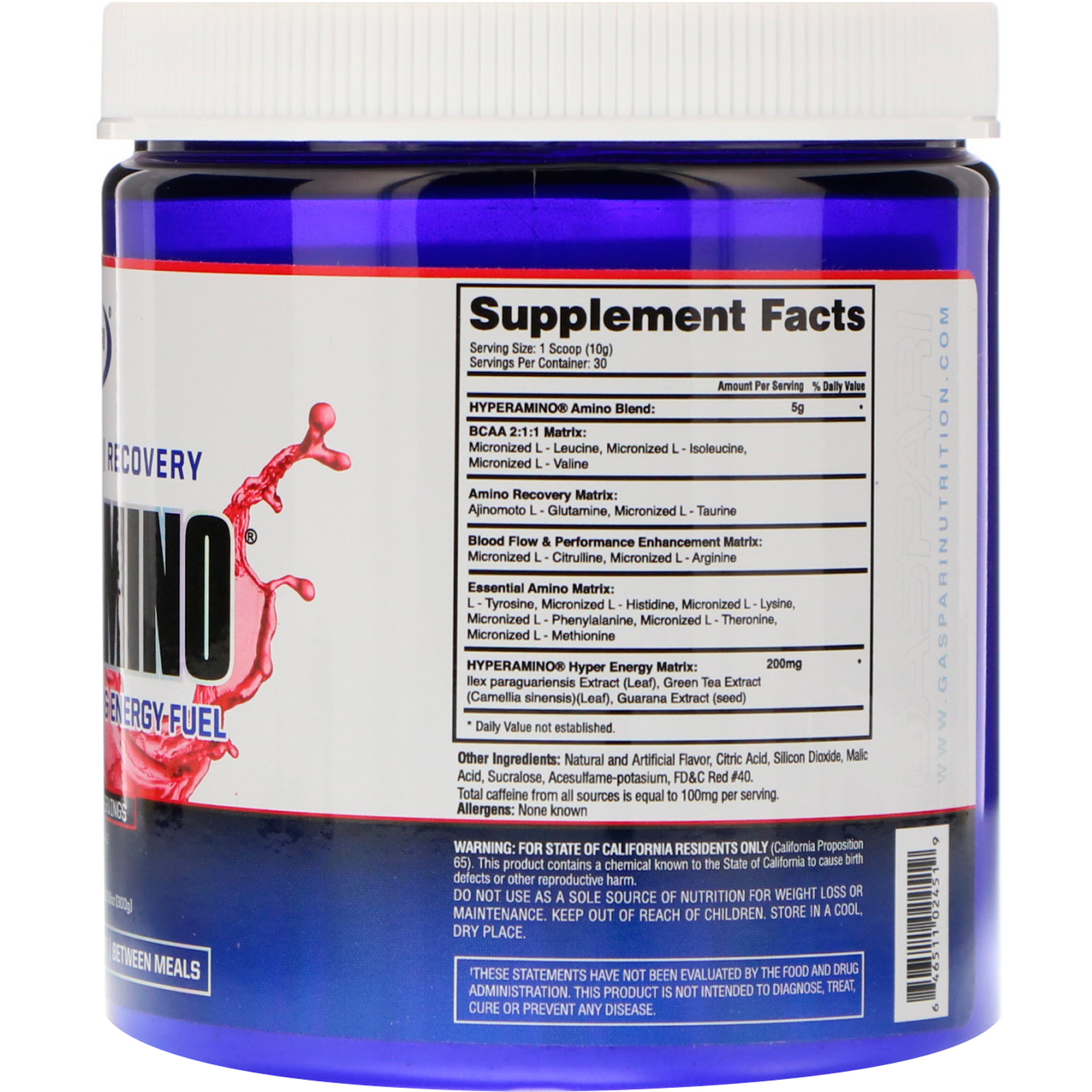 Comprar Gaspari Nutrition, HYPERAMINO, Complete Amino Acid & Energy Fuel, Fruit Punch, 10.58 oz (300 g) - Imagem 2