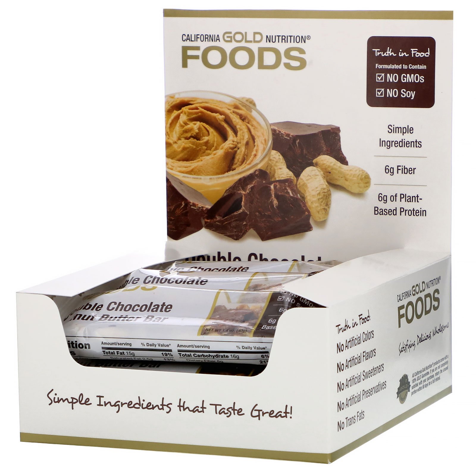 Comprar California Gold Nutrition, Foods, Double Chocolate Peanut Butter Flavor Bars, 12 Bars, 1.4 oz (40 g)