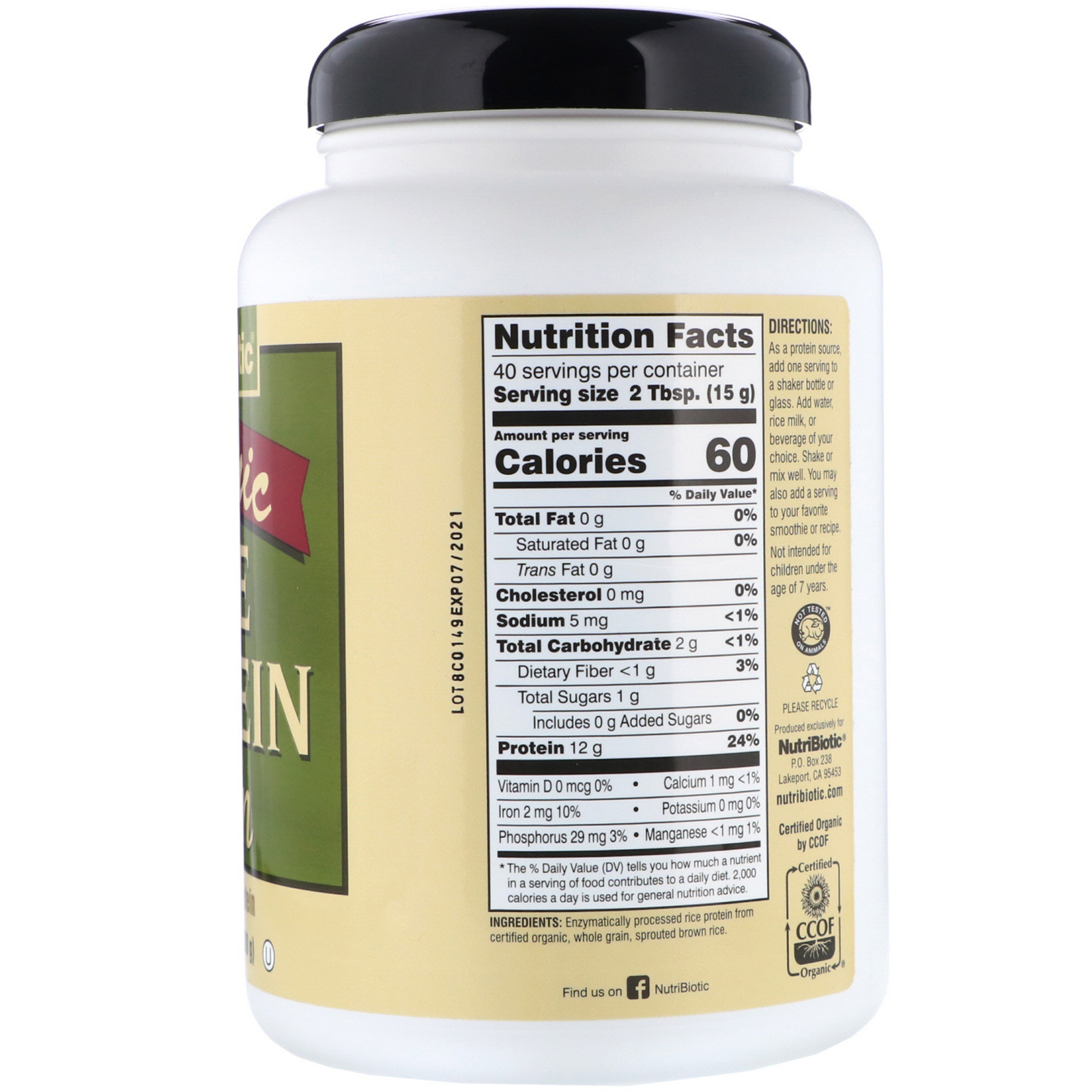 Comprar NutriBiotic, Proteína de Arroz Orgânica Pura, Sem Sabor, 1 lb 5 oz (600 g) - Imagem 2