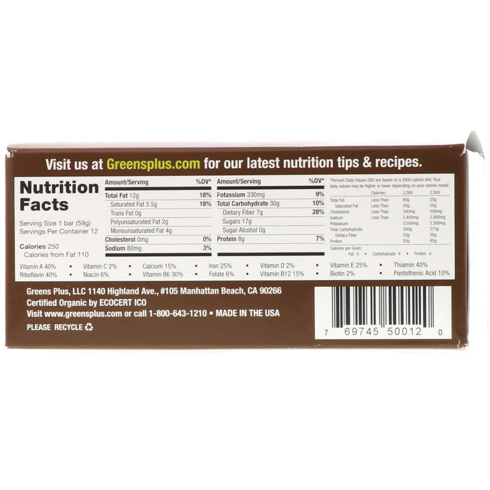 Comprar Greens Plus, Plusbar, Energy Chocolate, 12 Bars, 2 oz (59 g) Each - Imagem 3