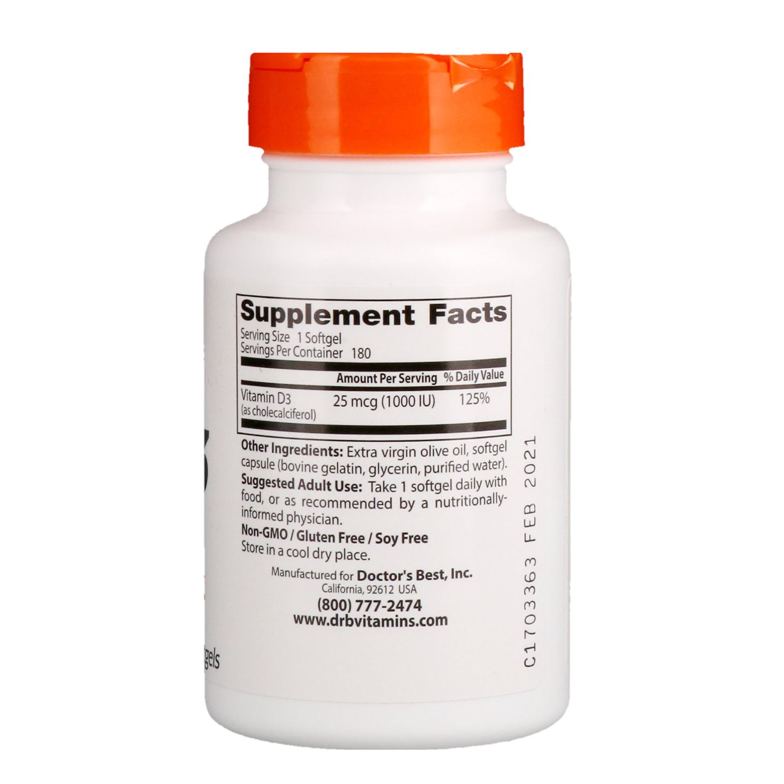 Comprar Doctor's Best, Vitamina D3, 25 mcg (1.000 UI), 180 Cápsulas Softgel - Imagem 2