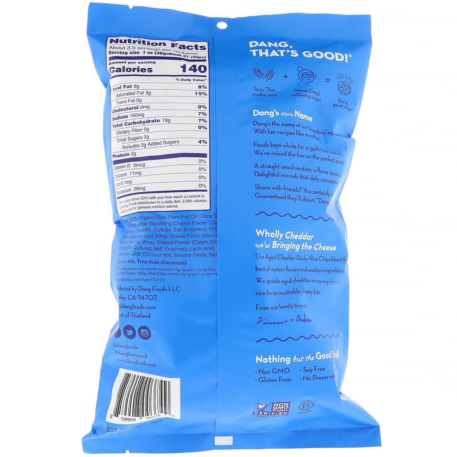 Comprar Dang, Chips de Arroz Glutinoso, Cheddar Envelhecido, 3,5 oz (100 g) - Imagem 2