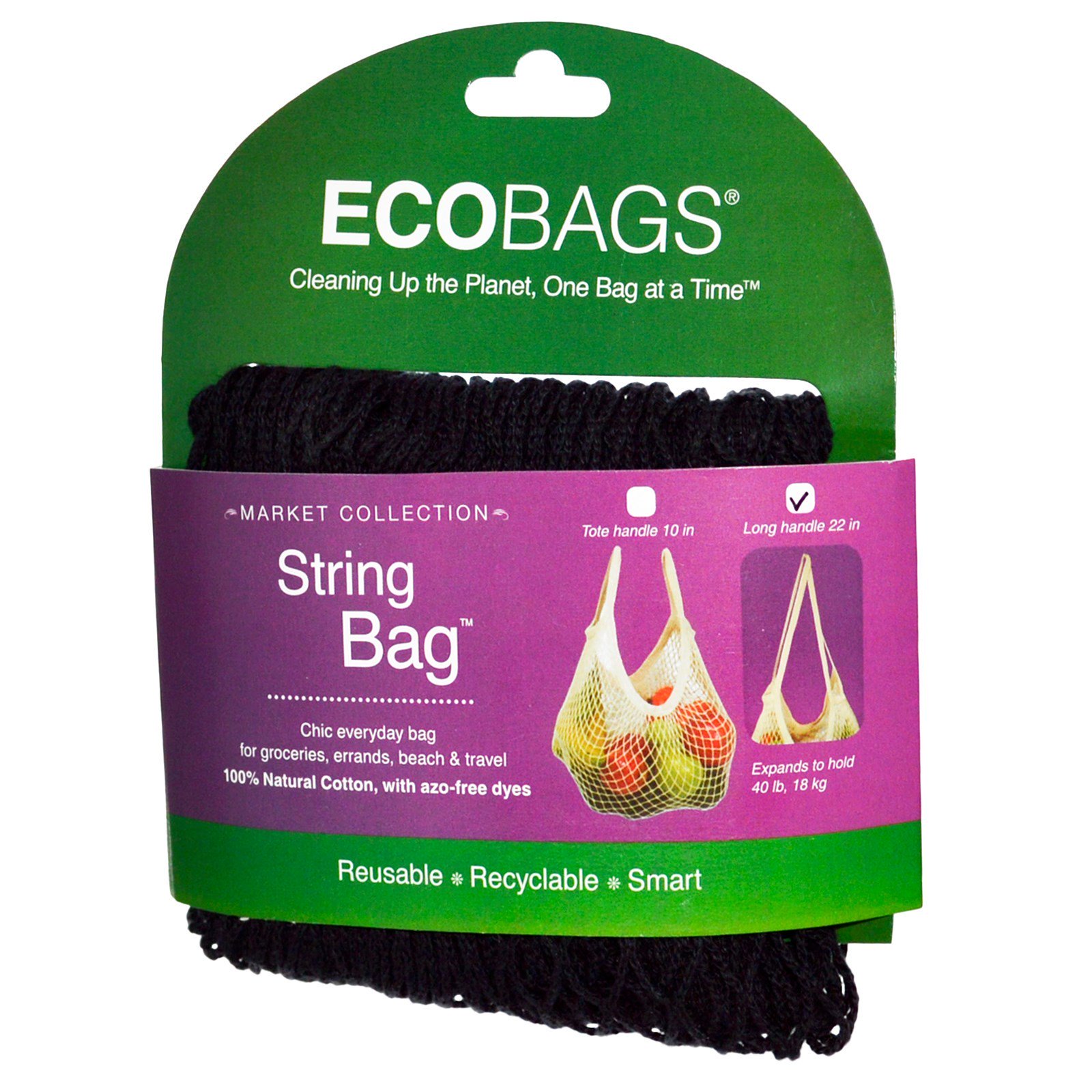 Comprar ECOBAGS, Saco de Corda, Coleção do Mercado, Punho Longo, 55 cm, Preto, 1 Saco