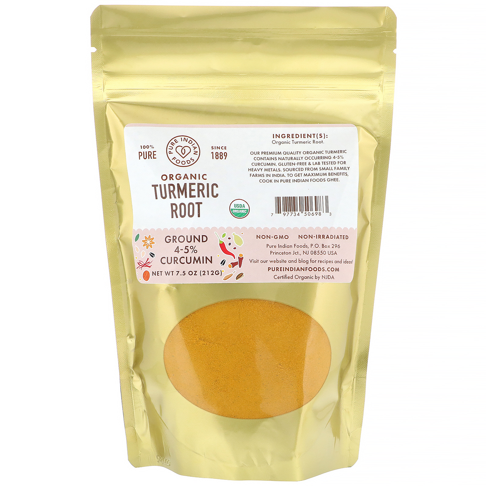 Comprar Pure Indian Foods, Raiz de Cúrcuma Orgânica, Moída, 212 g (7,5 oz)