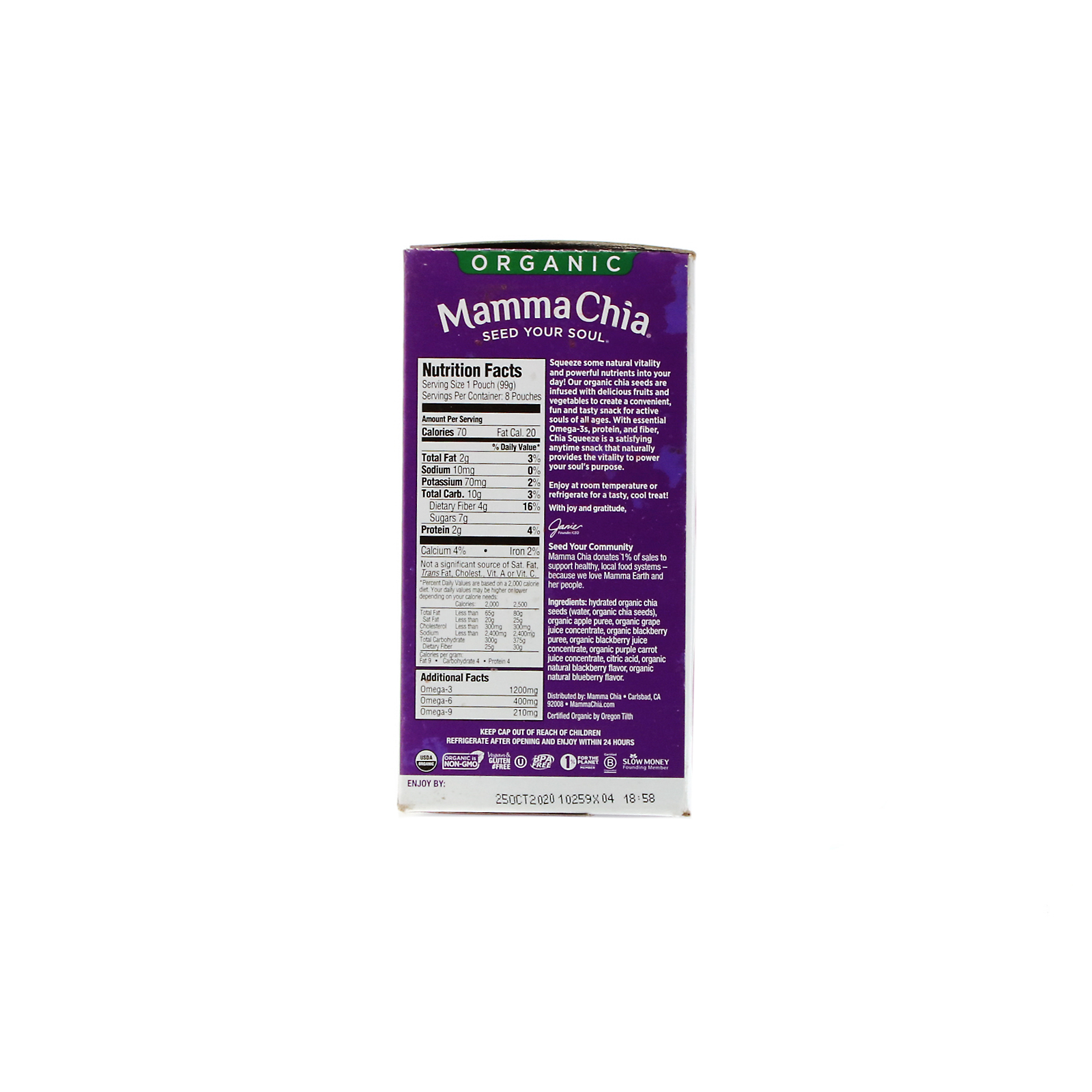 Comprar Mamma Chia, Organic Chia Squeeze, Vitality Snack, Blackberry Bliss, 8 Squeezes, 3.5 oz (99 g) Each - Imagem 2