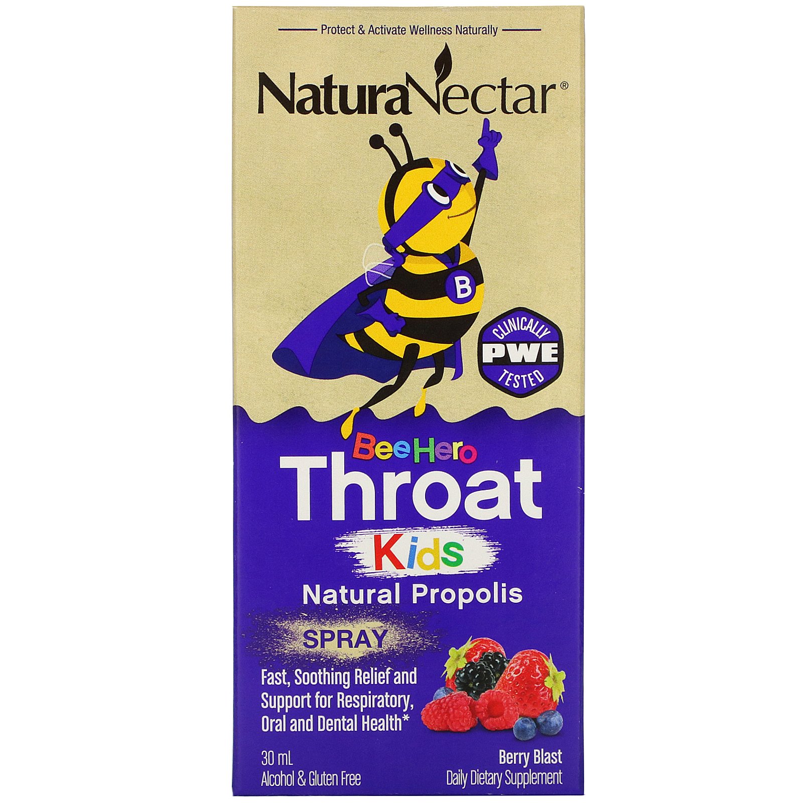 Comprar NaturaNectar, Bee Hero Throat Kids, Natural Propolis Spray, Berry Blast, 30 ml