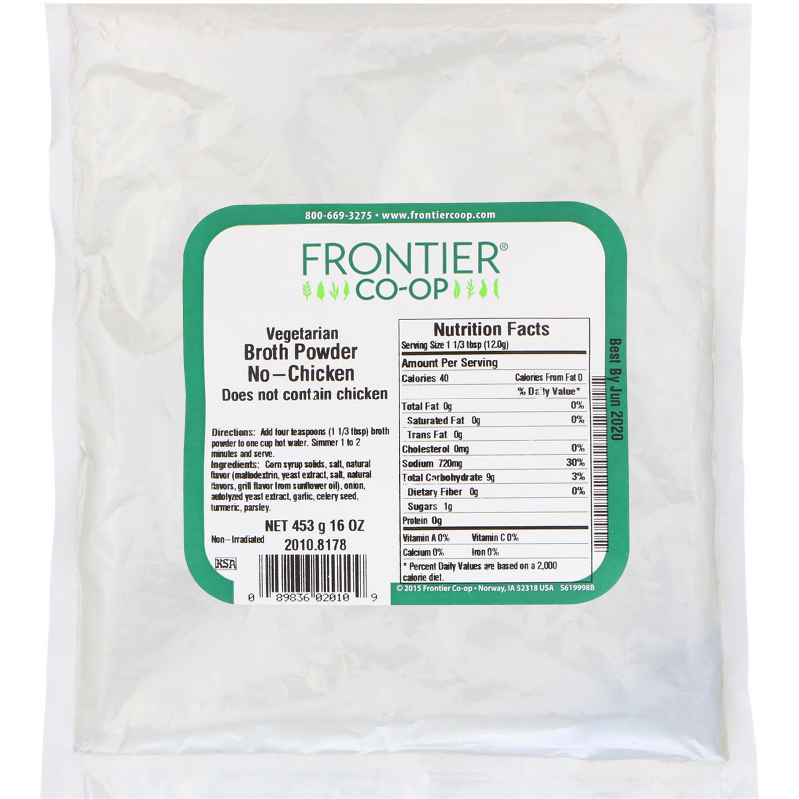 Comprar Frontier Natural Products, Pó de preparo para caldo vegetariano, Não Contém Frango, 16 oz (453 g) - Imagem 2
