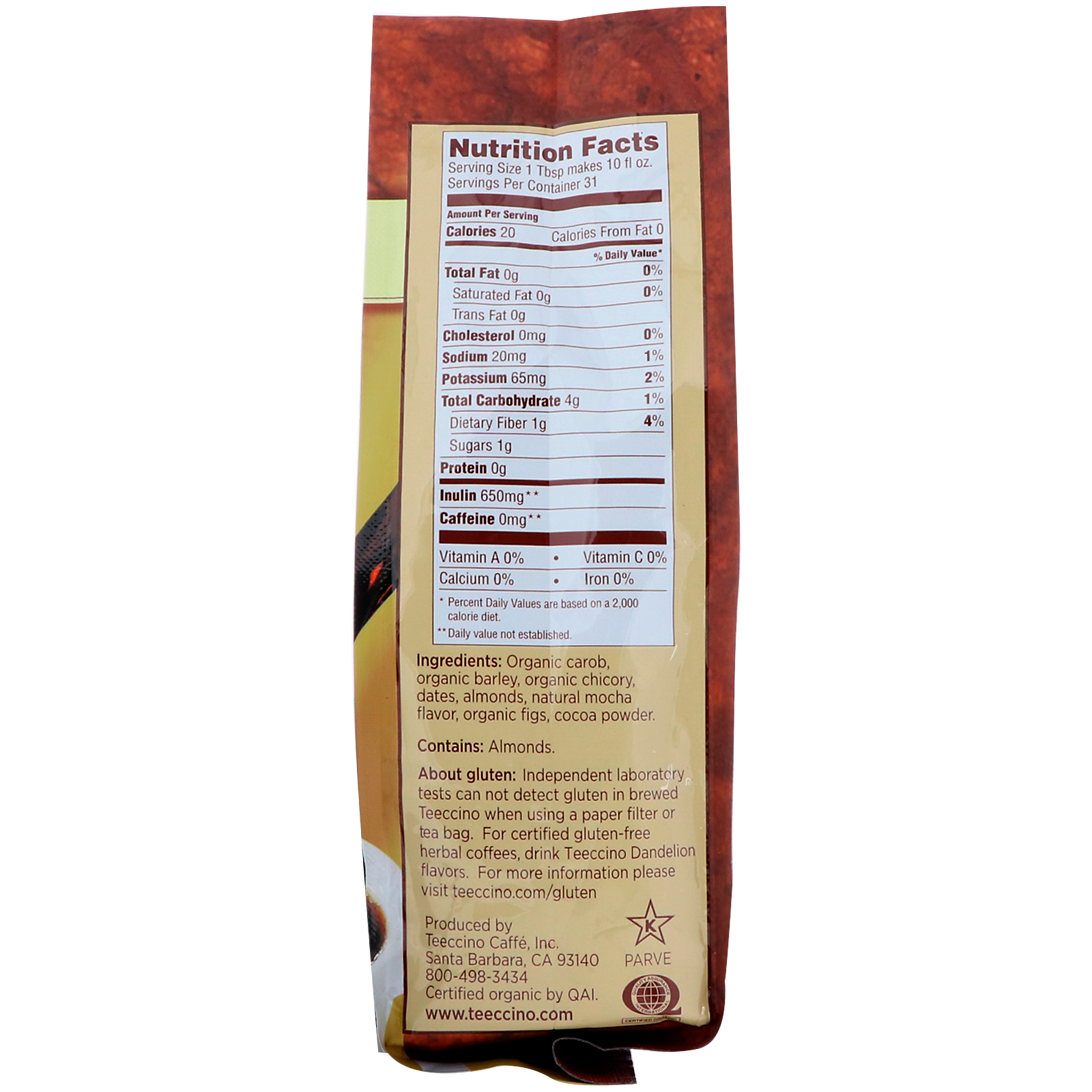 Comprar Teeccino, Café Herbal de Chicória, Mocha, Torrefação Média, Sem Cafeína, 11 oz (312 g) - Imagem 3