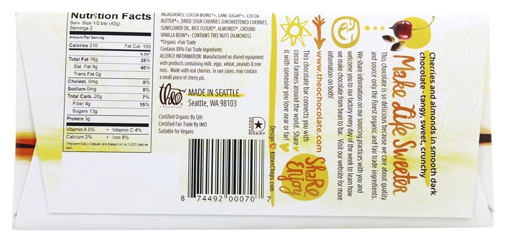 Comprar Comércio orgânico e justo 70 % Barra de chocolate escuro Cereja e amêndoa - 3 oz. Theo Chocolate - Imagem 2