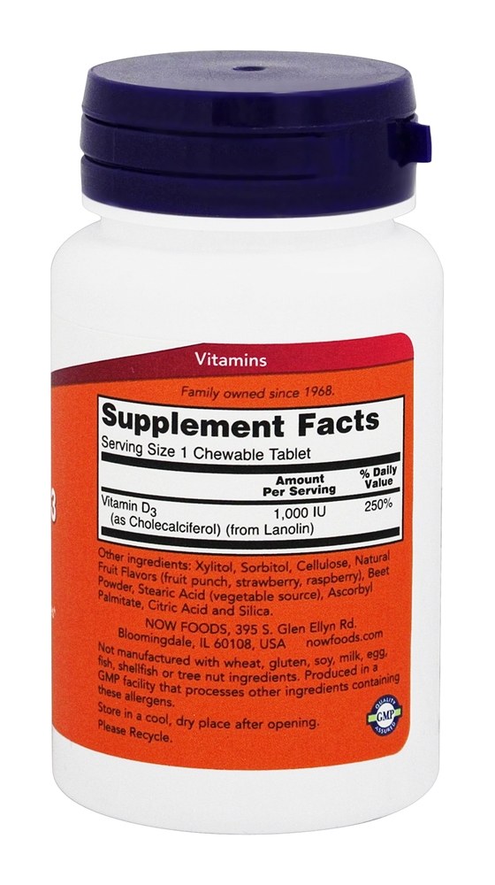 Comprar Vitamina D3 Sabor Fruto Natural Mastigável 1000 IU - 180 comprimidos mastigáveis NOW Foods - Imagem 2