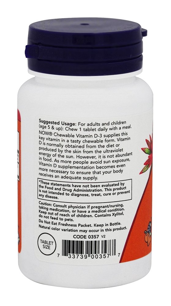 Comprar Vitamina D3 Sabor Fruto Natural Mastigável 1000 IU - 180 comprimidos mastigáveis NOW Foods - Imagem 3
