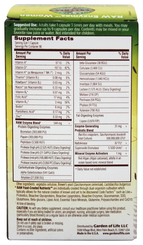 Comprar RAW Enzymes Para Mulheres - Cápsulas vegetarianas 90 Garden of Life - Imagem 2