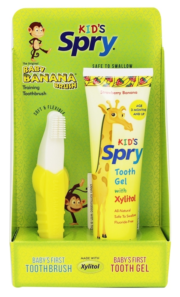 Comprar Toothbrush do treinamento da banana do bebê com o gel do dente de Spry Kid com banana da morango do Xylitol - 2 oz. Xlear