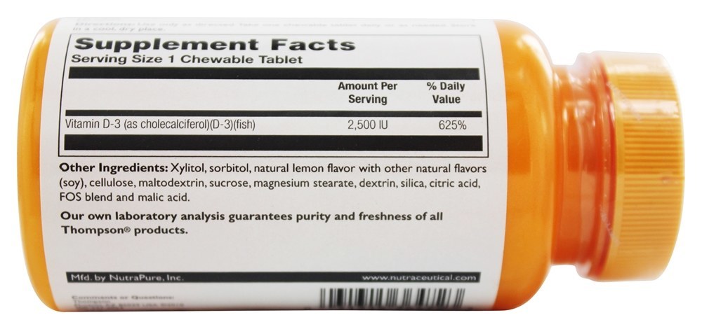 Comprar Vitamina D3 como sabor de limão de colecalciferol 2500 IU - 90 comprimidos mastigáveis Thompson - Imagem 3