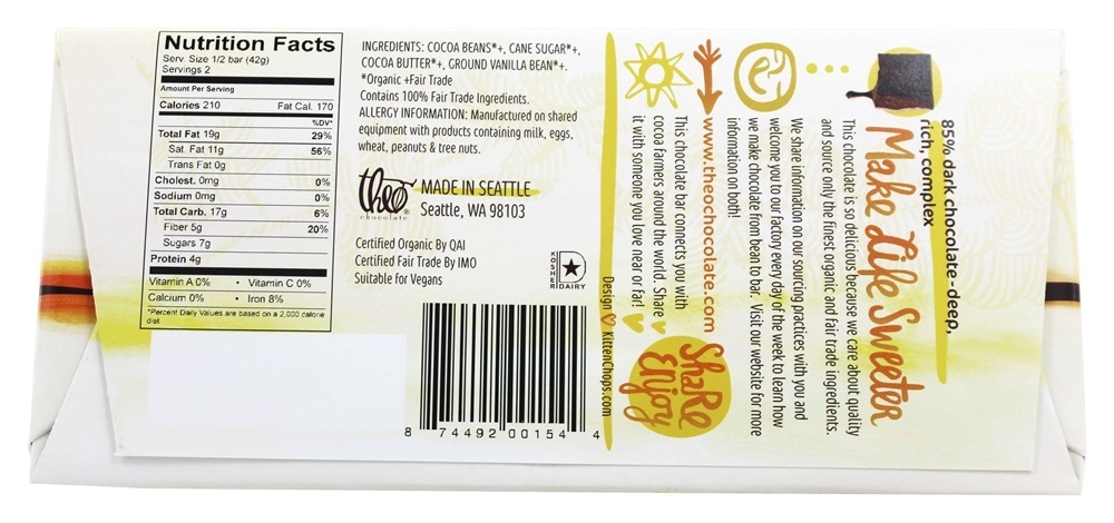 Comprar Comércio orgânico e justo 85 barra de chocolate escuro Pure - 3 oz. Theo Chocolate - Imagem 2